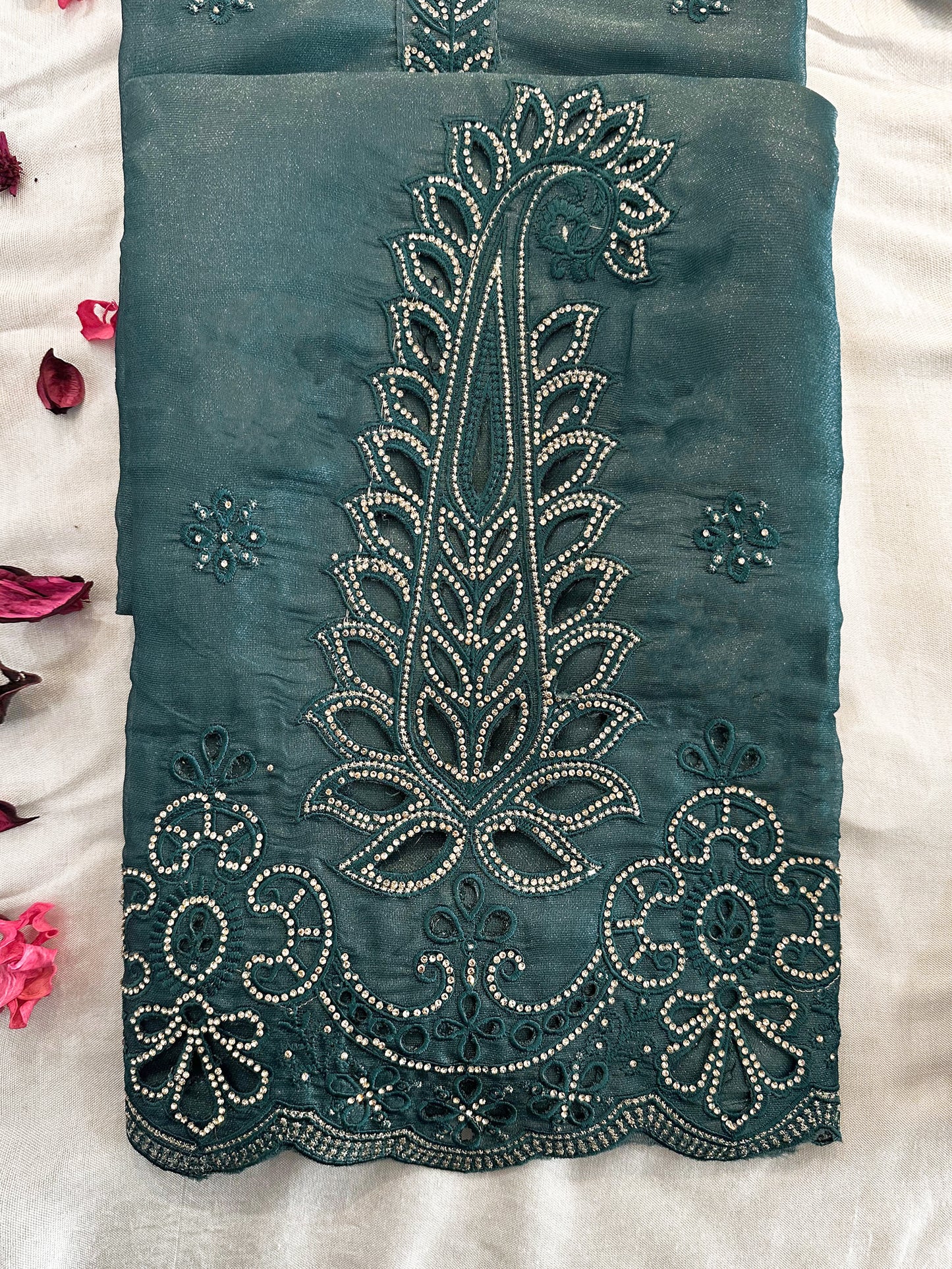 Canadian Silk Fabric Unstitched Suit Set Green and Grey Color
