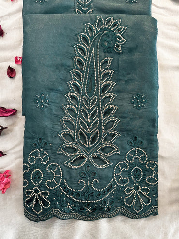 Canadian Silk Fabric Unstitched Suit Set Green and Grey Color