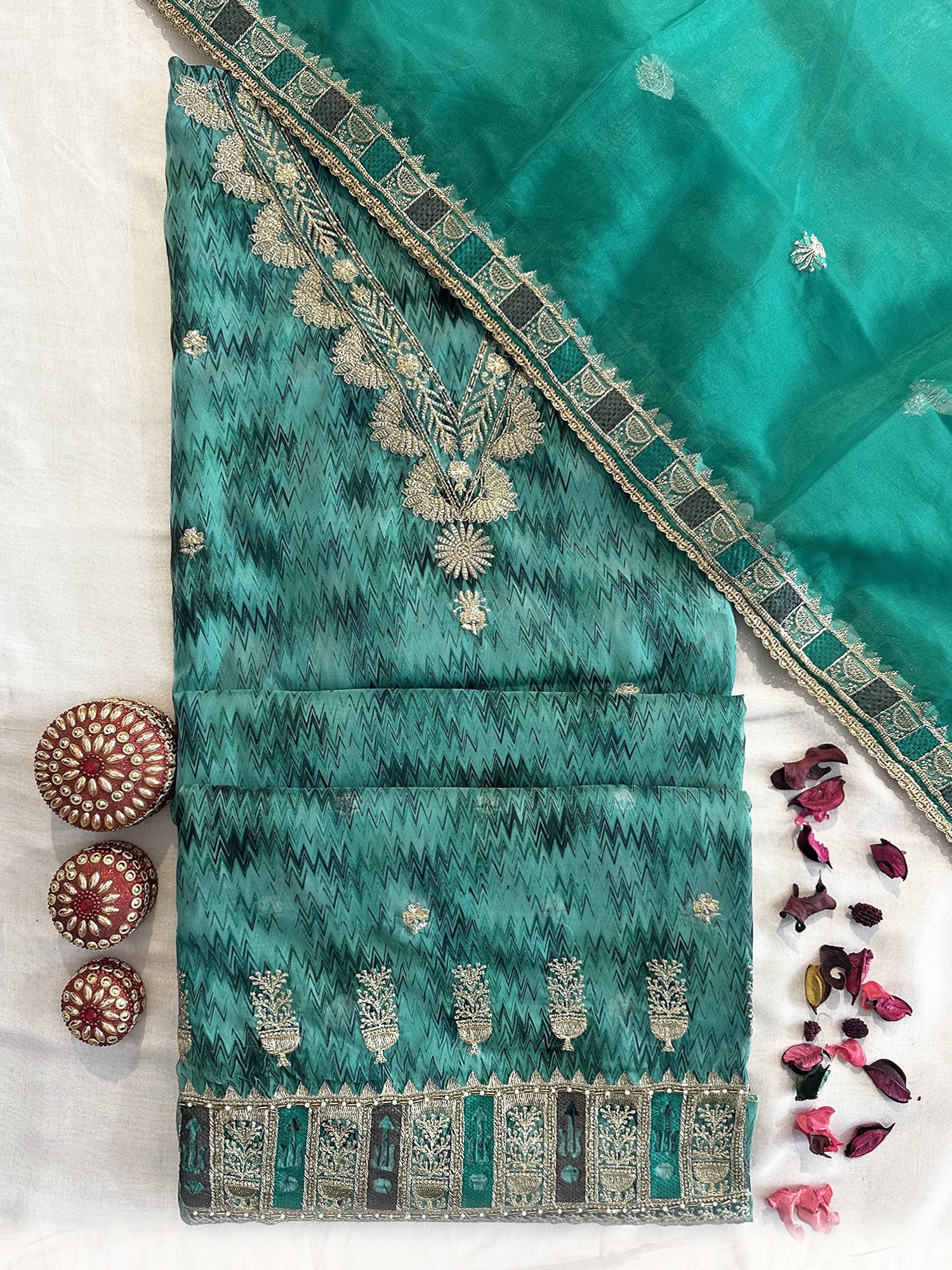 Crepe Fabric Unstitched Suit Set Purple and Green