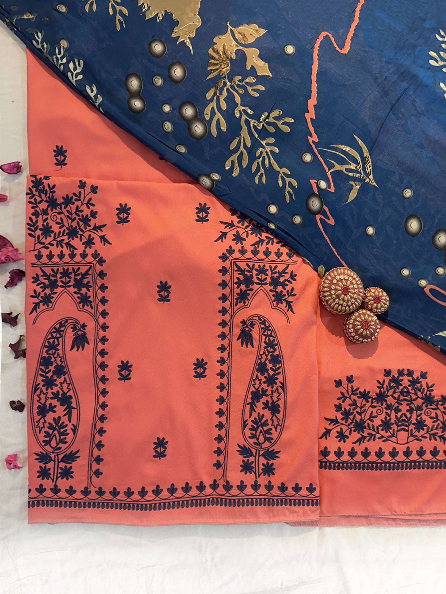 Cotton Fabric Unstitched Suit Set Peach and Mustard