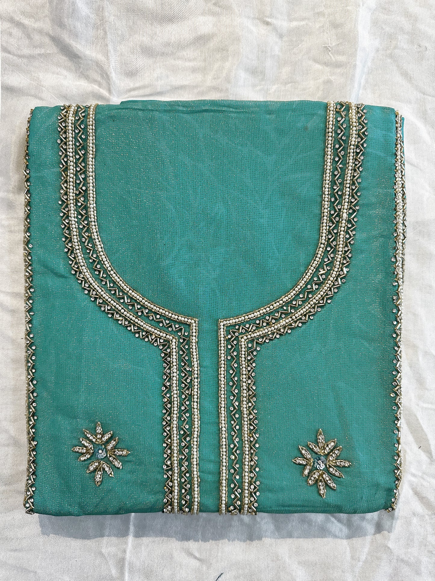 Shimmer Burberry Unstitched Suit Set | Orange, Light Blue, Mehndi Gold