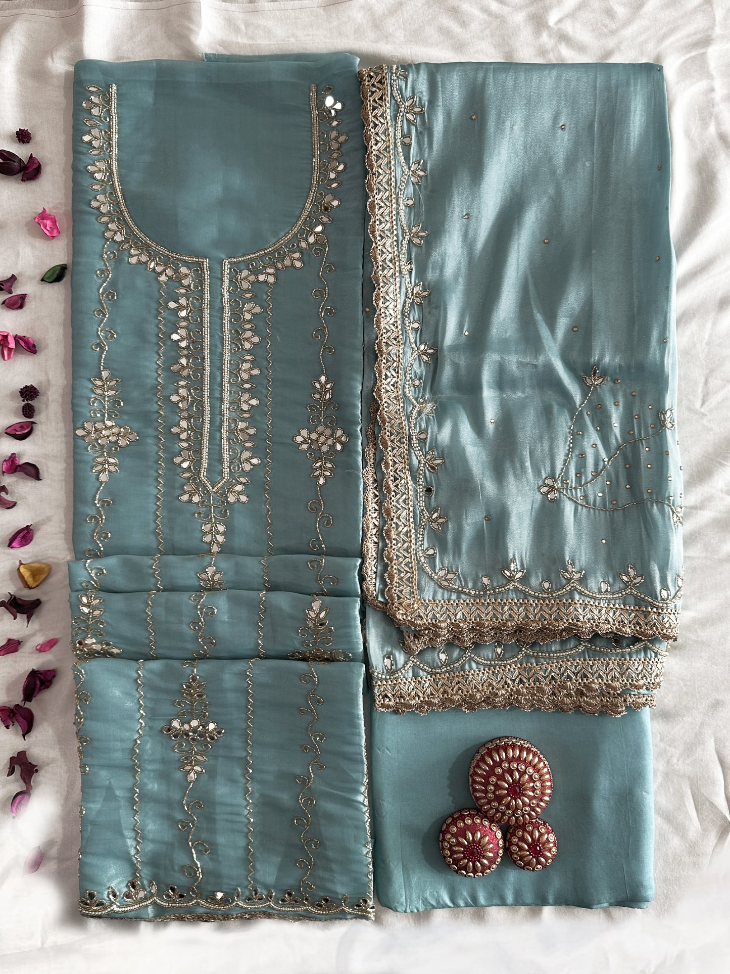 Canadian Silk Fabric Unstitched Suit Set Onion and Ice blue Color