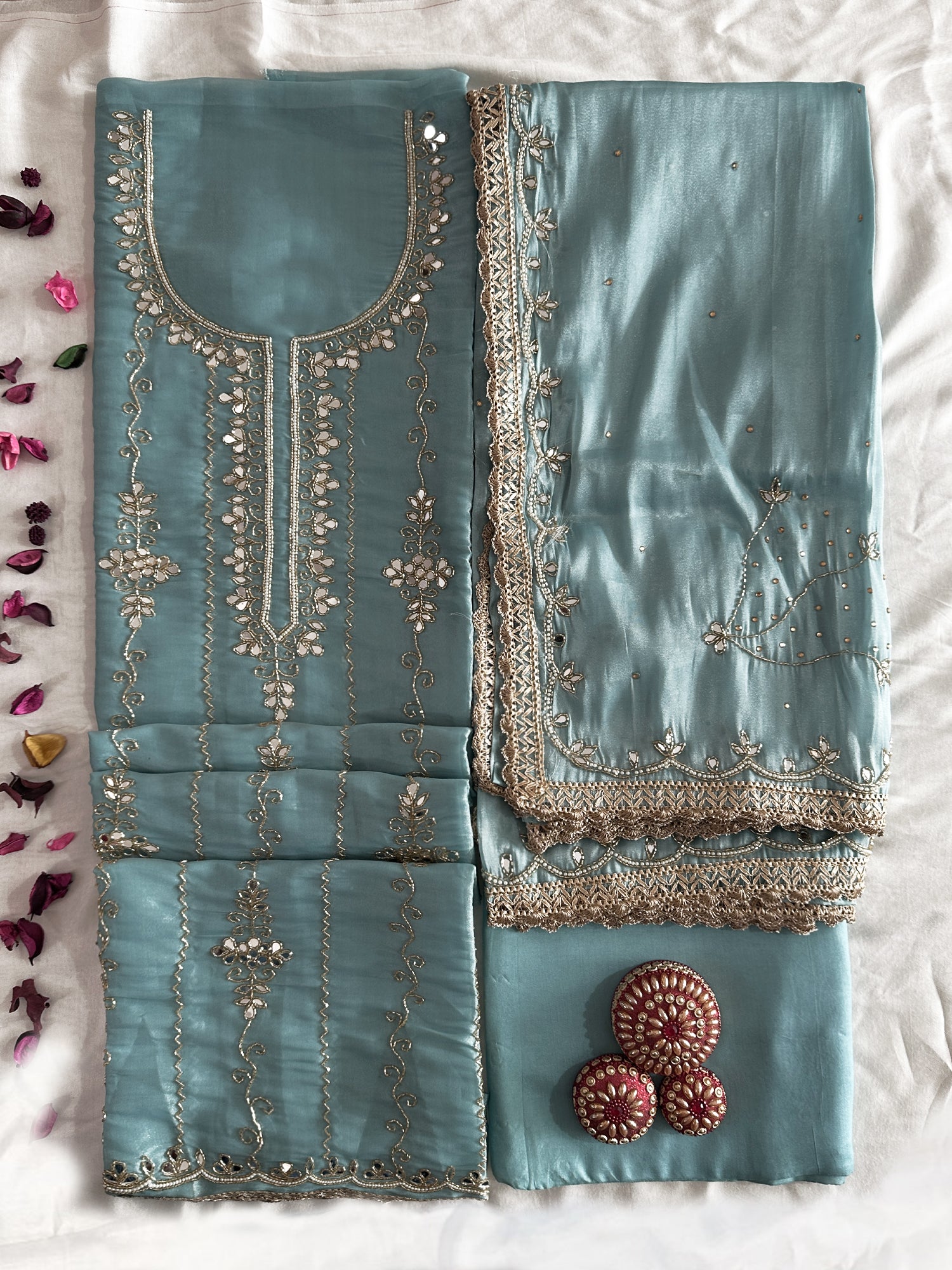 Canadian Silk Fabric Onion and Ice blue Color Unstitched Suit Set