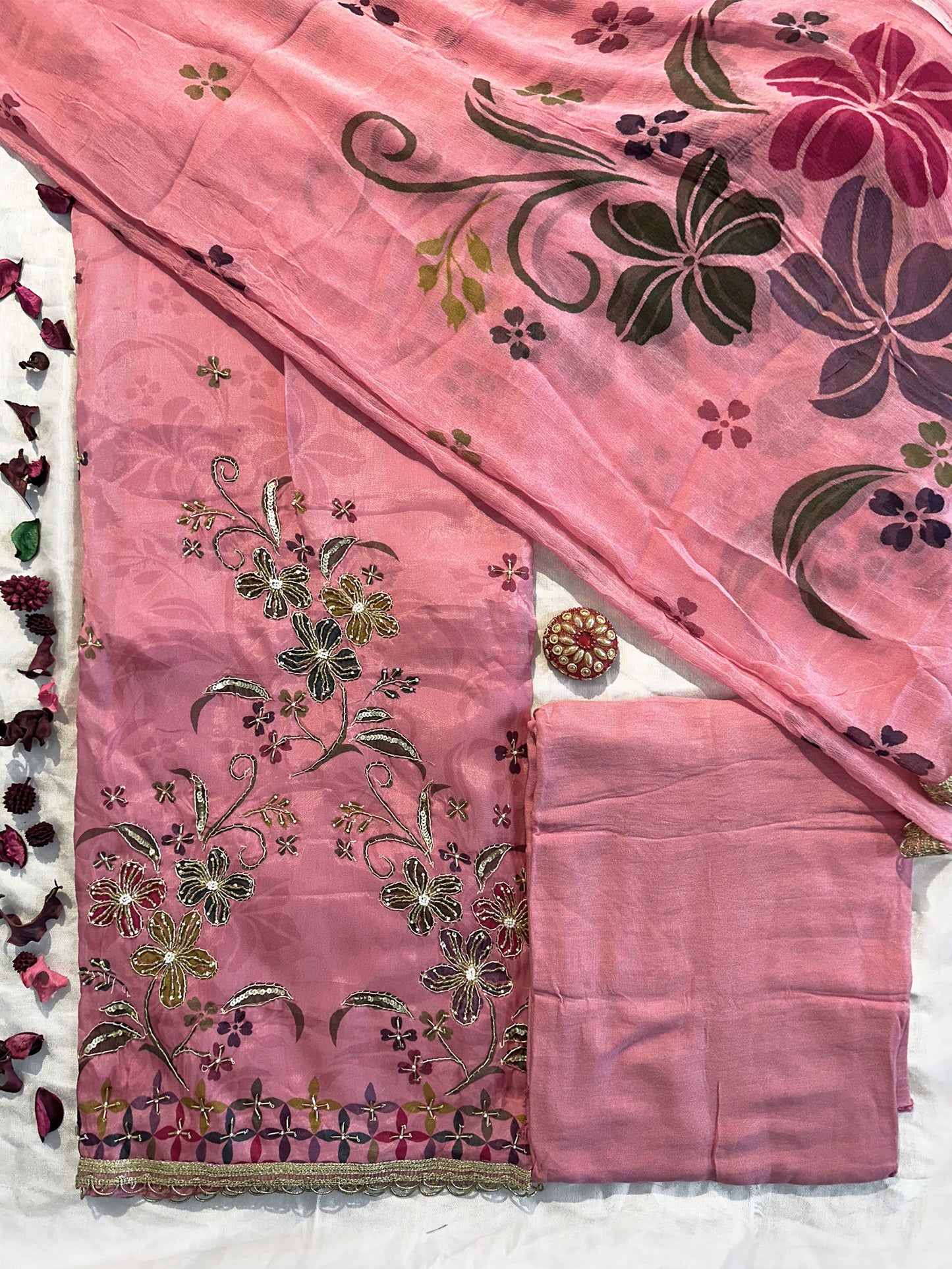 Organza Fabric Unstitched Suit Set | Beige & Pink