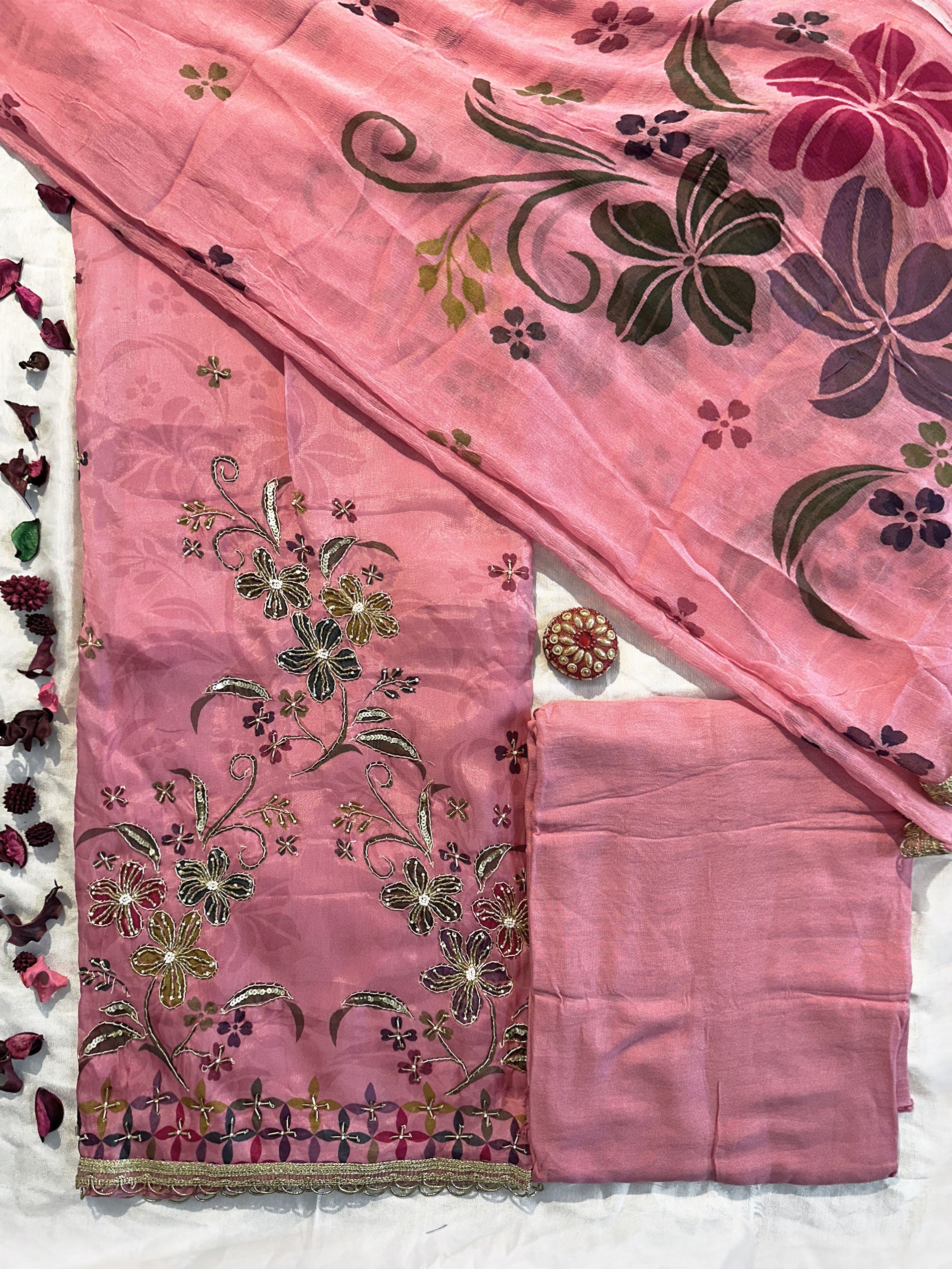 Organza Fabric Beige and Pink Colors Unstitched Suit Set