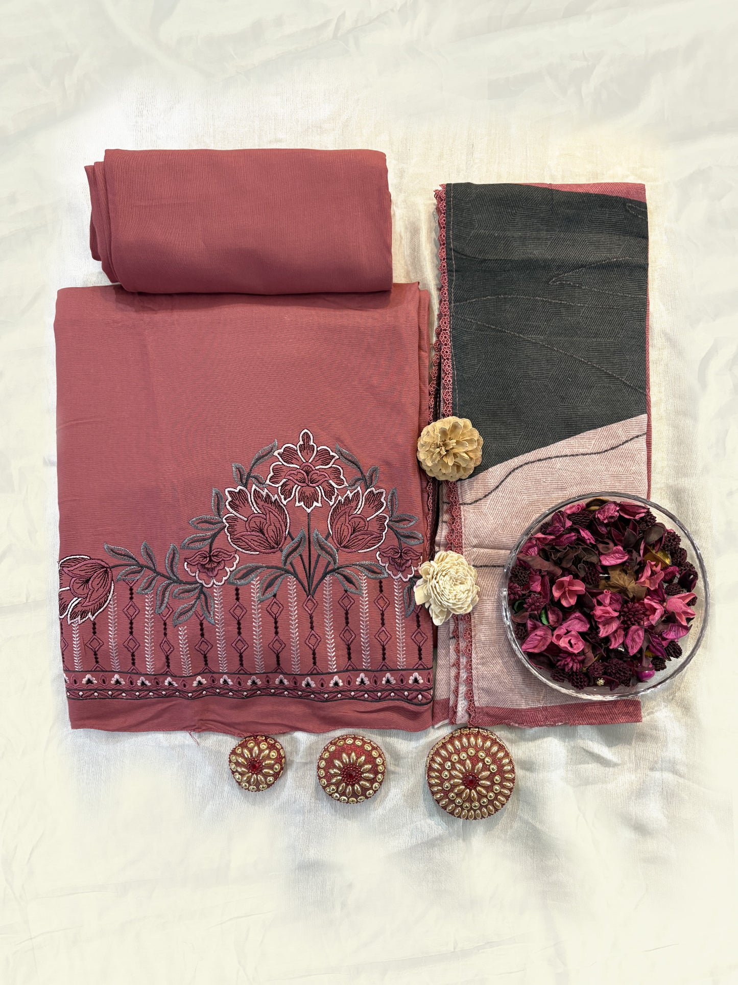 Pashmina Unstitched Winter Suit Set with Elegant Machine Embroidery & Printed