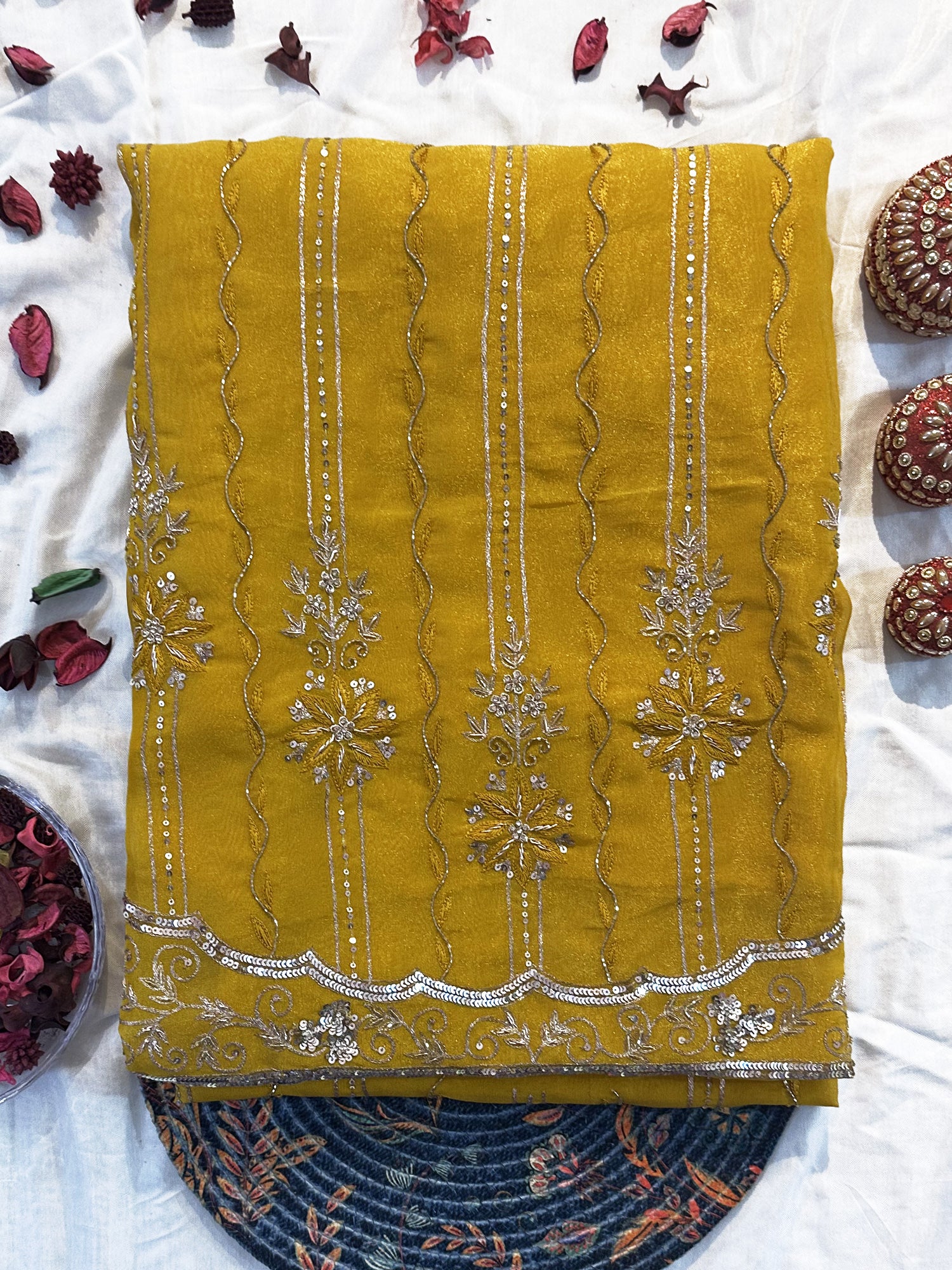 Shimmer Organza Fabric Yellow Unstitched Suit Set