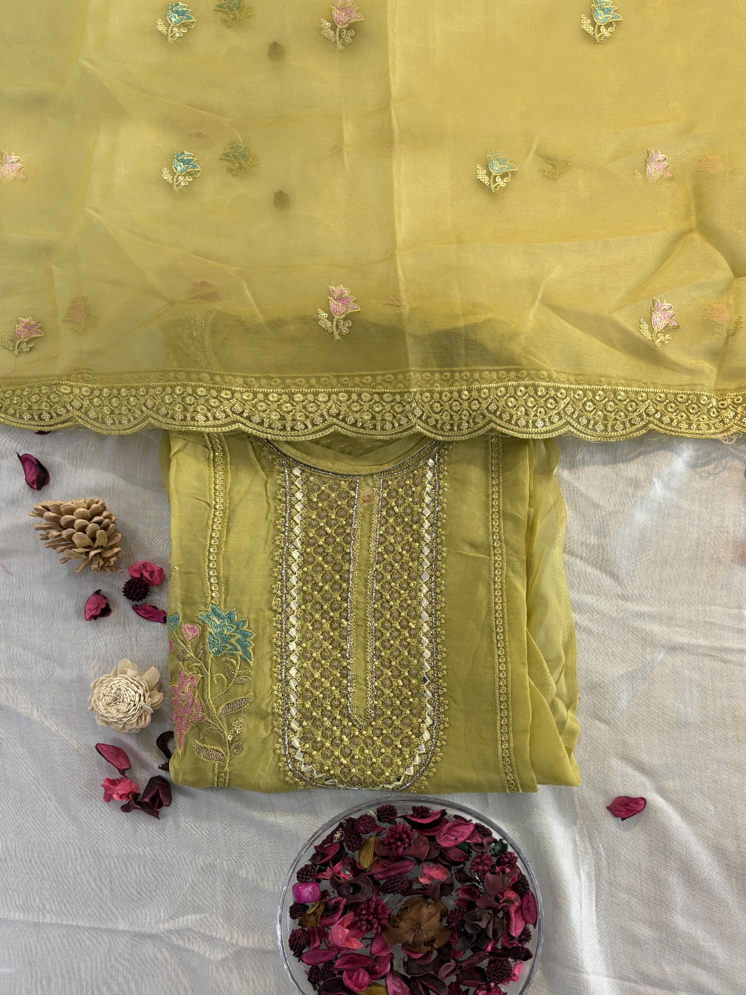 Mehndi Green Viscose Organza Unstitched Suit Set