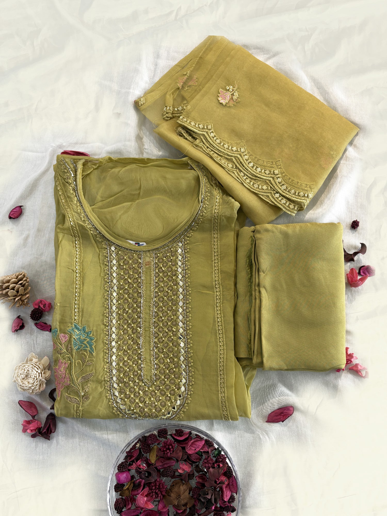 Mehndi Green Viscose Organza Unstitched Suit Set