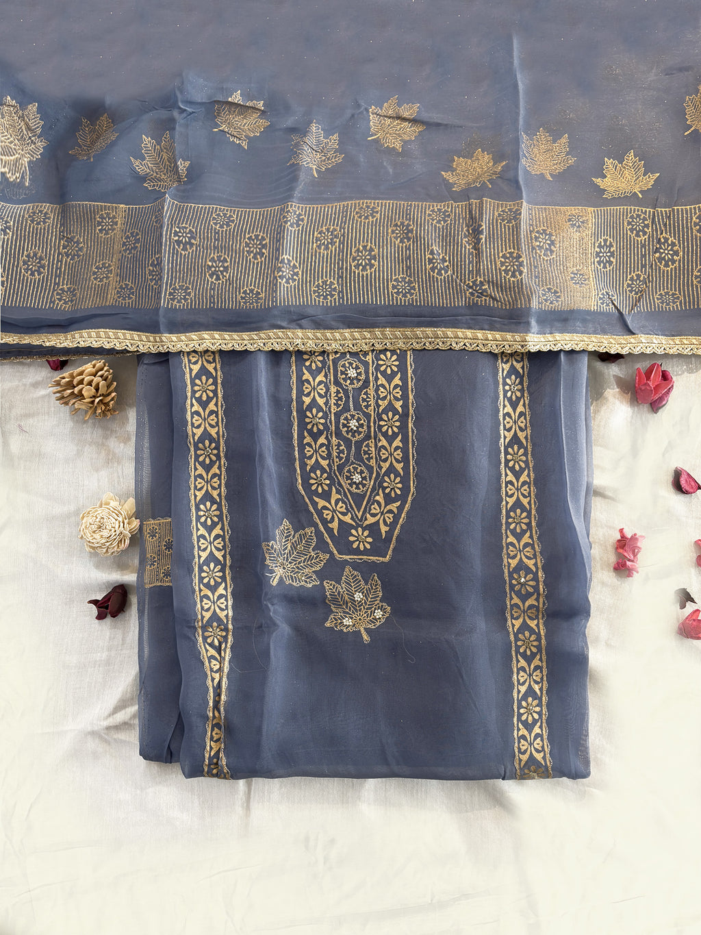 Grey Blue Viscose Organza Unstitched Suit Set