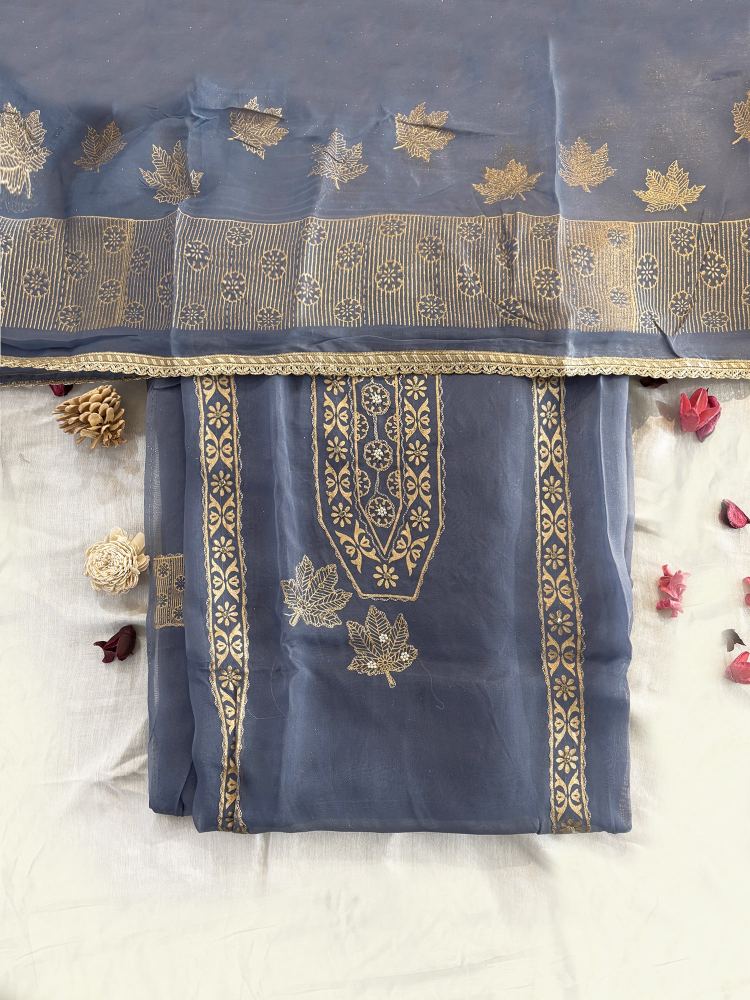 Grey Blue Viscose Organza Unstitched Suit Set