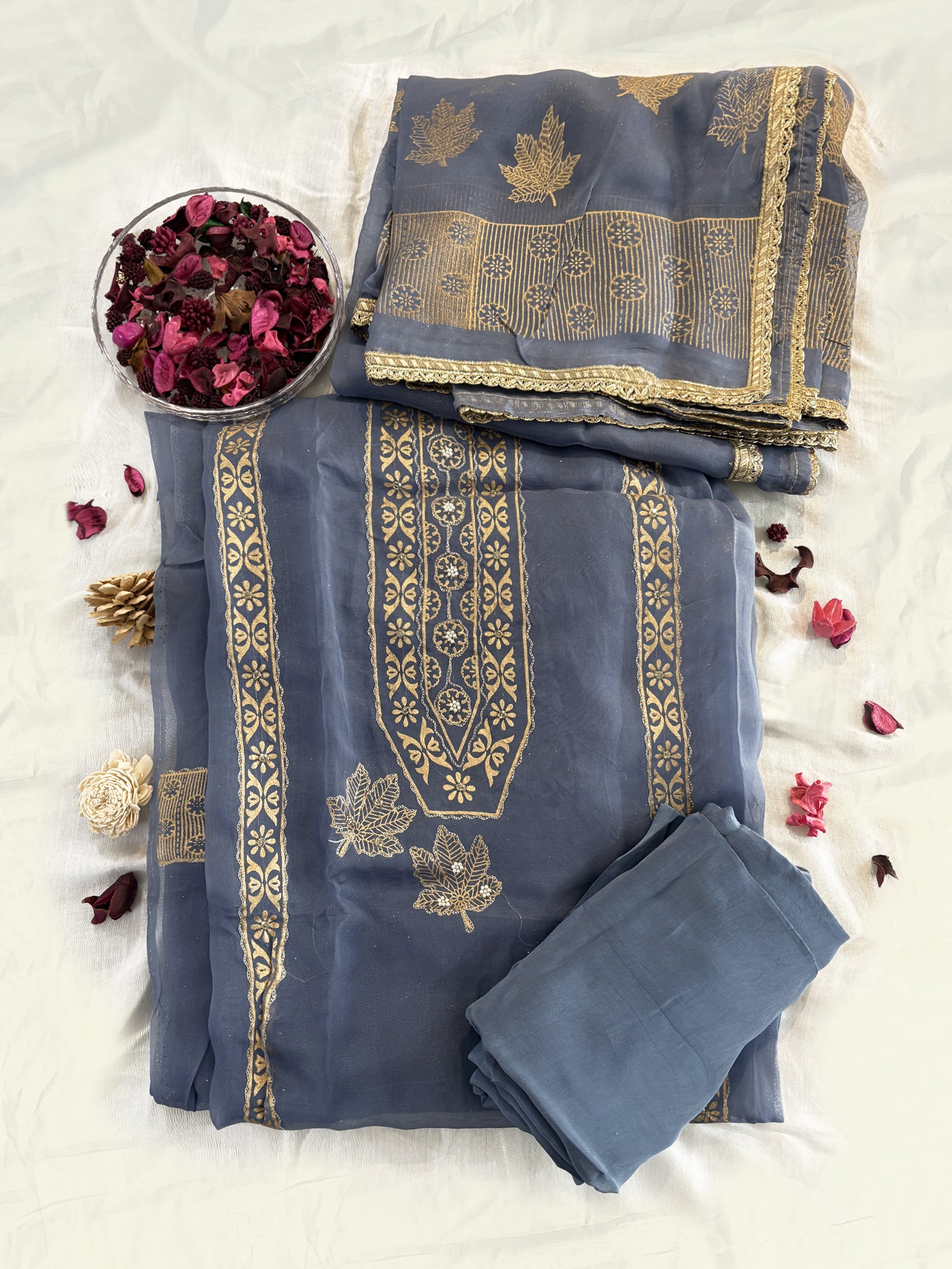 Grey Blue Viscose Organza Unstitched Suit Set