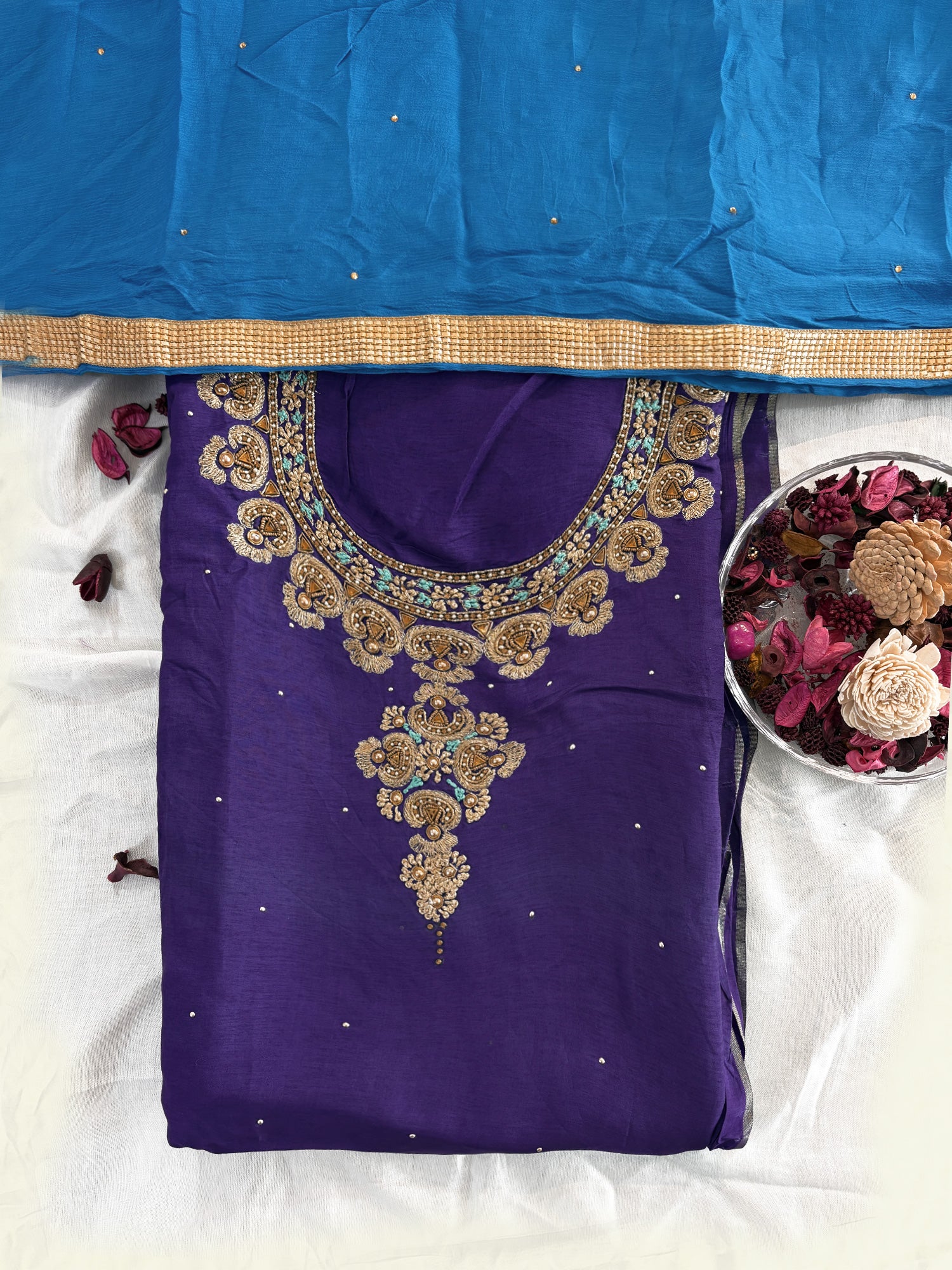 Crepe Fabric Royal Blue color Unstitched Suit Set