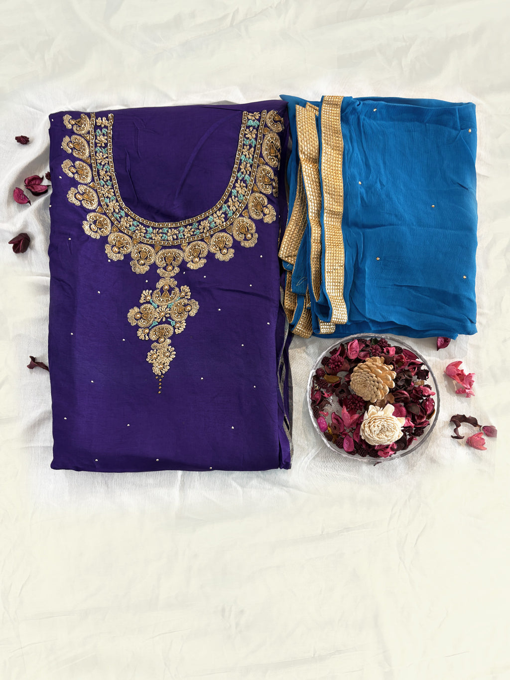 Crepe Fabric Royal Blue color Unstitched Suit Set