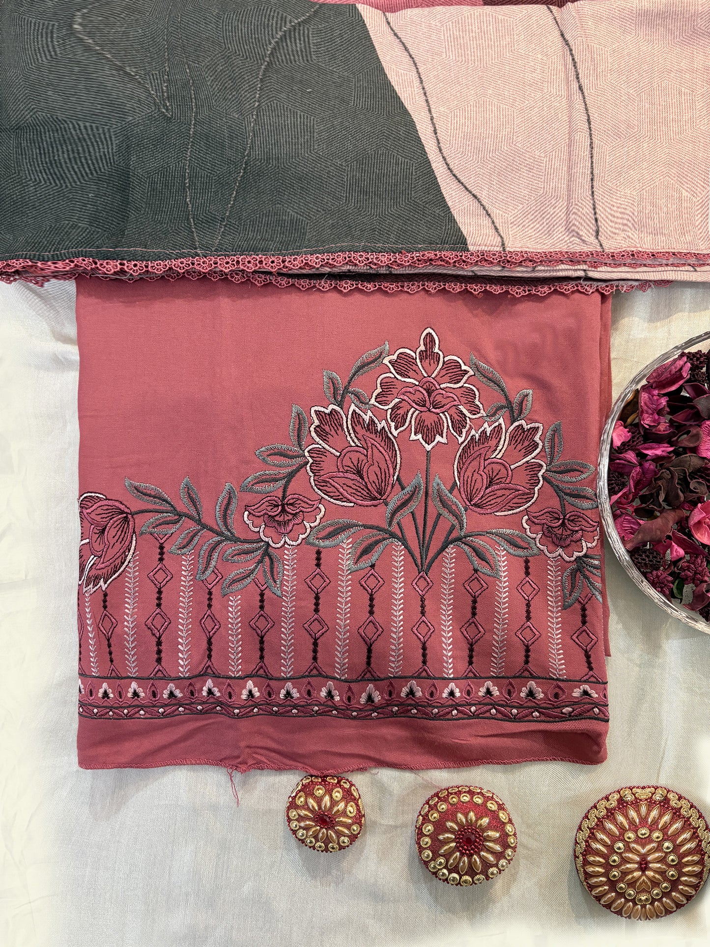Pashmina Unstitched Winter Suit Set with Elegant Machine Embroidery & Printed
