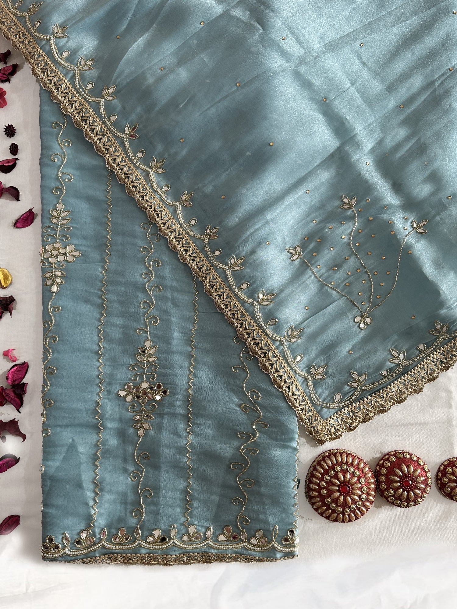 Canadian Silk Fabric Onion and Ice blue Color Unstitched Suit Set