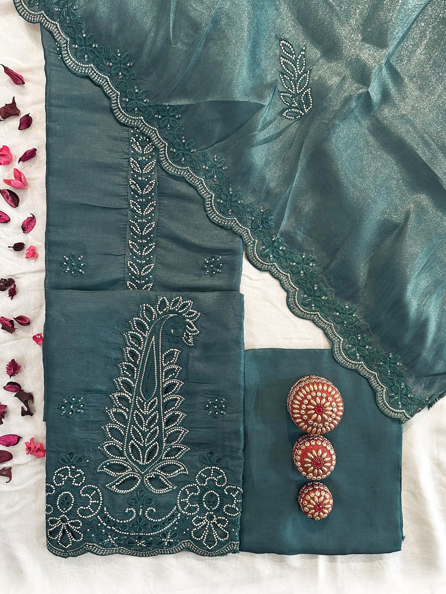 Canadian Silk Fabric Unstitched Suit Set Green and Grey Color