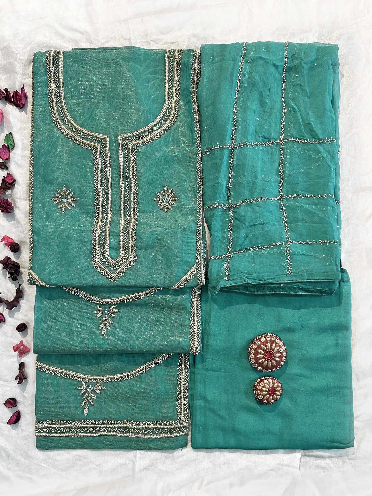 Shimmer Burberry Unstitched Suit Set | Orange, Light Blue, Mehndi Gold