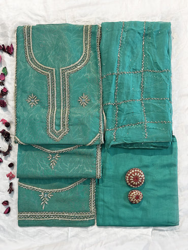 Shimmer Burberry Unstitched Suit Set | Orange, Light Blue, Mehndi Gold