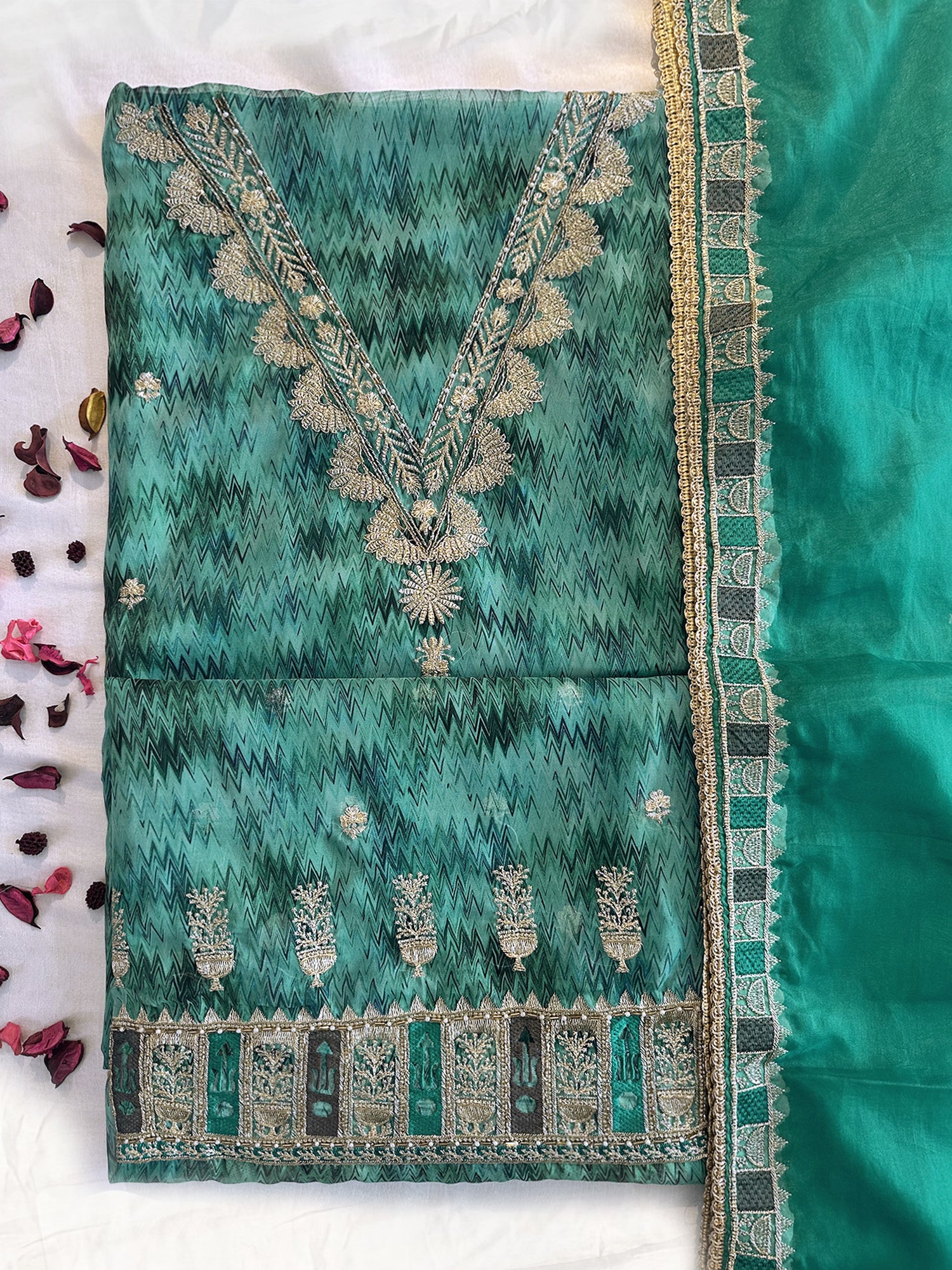 Crepe Fabric Unstitched Suit Set Purple and Green