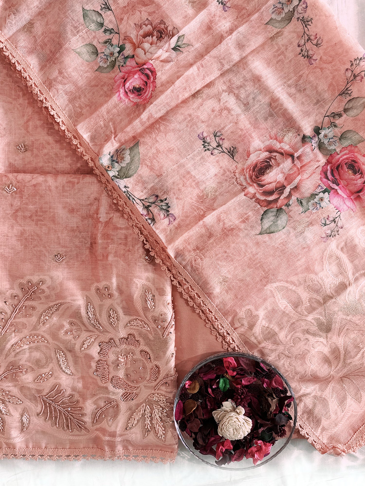 Linen Cotton Unstitched Suit Set Peach and Beige Colors