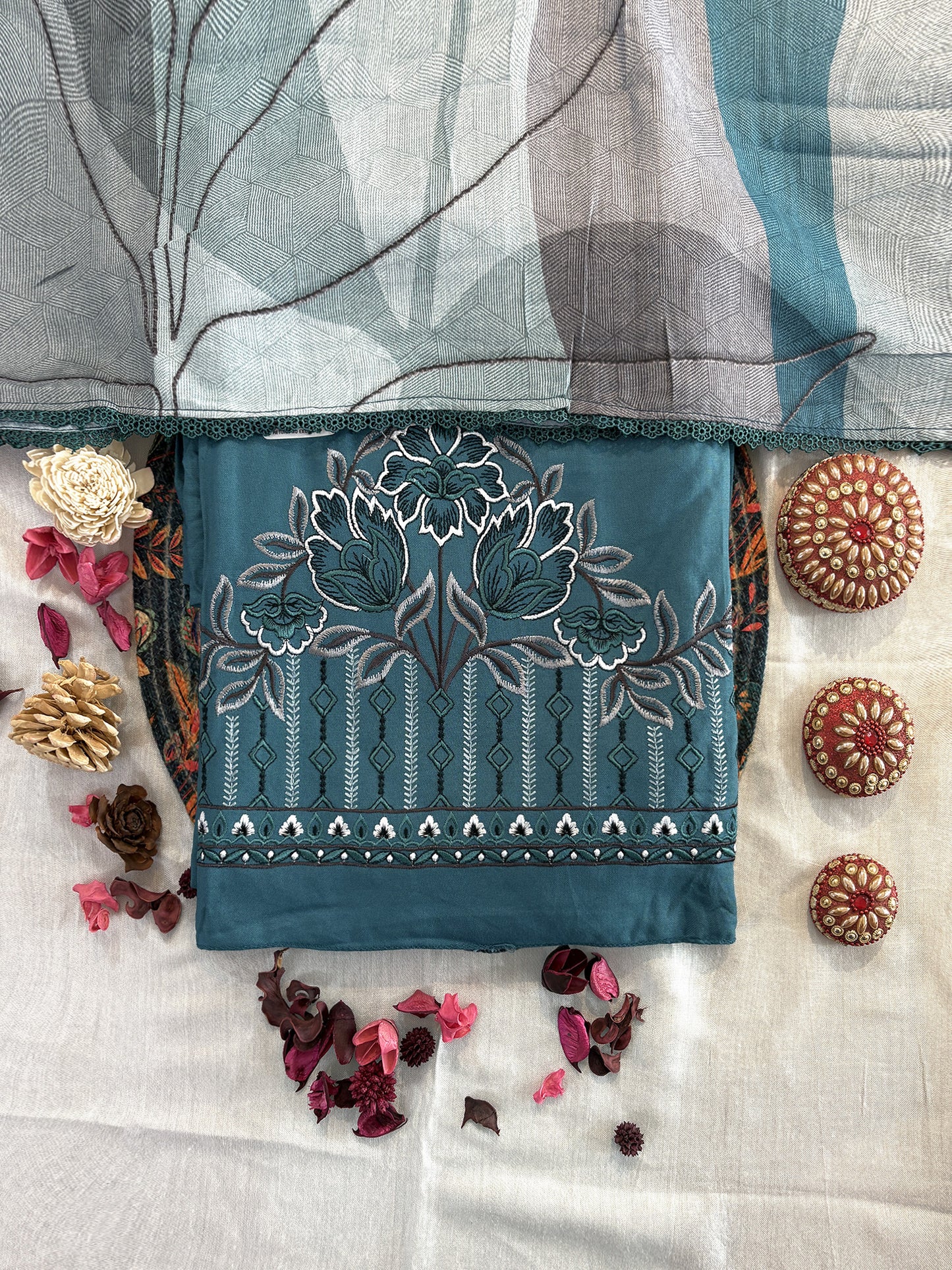 Pashmina Unstitched Winter Suit Set with Elegant Machine Embroidery & Printed