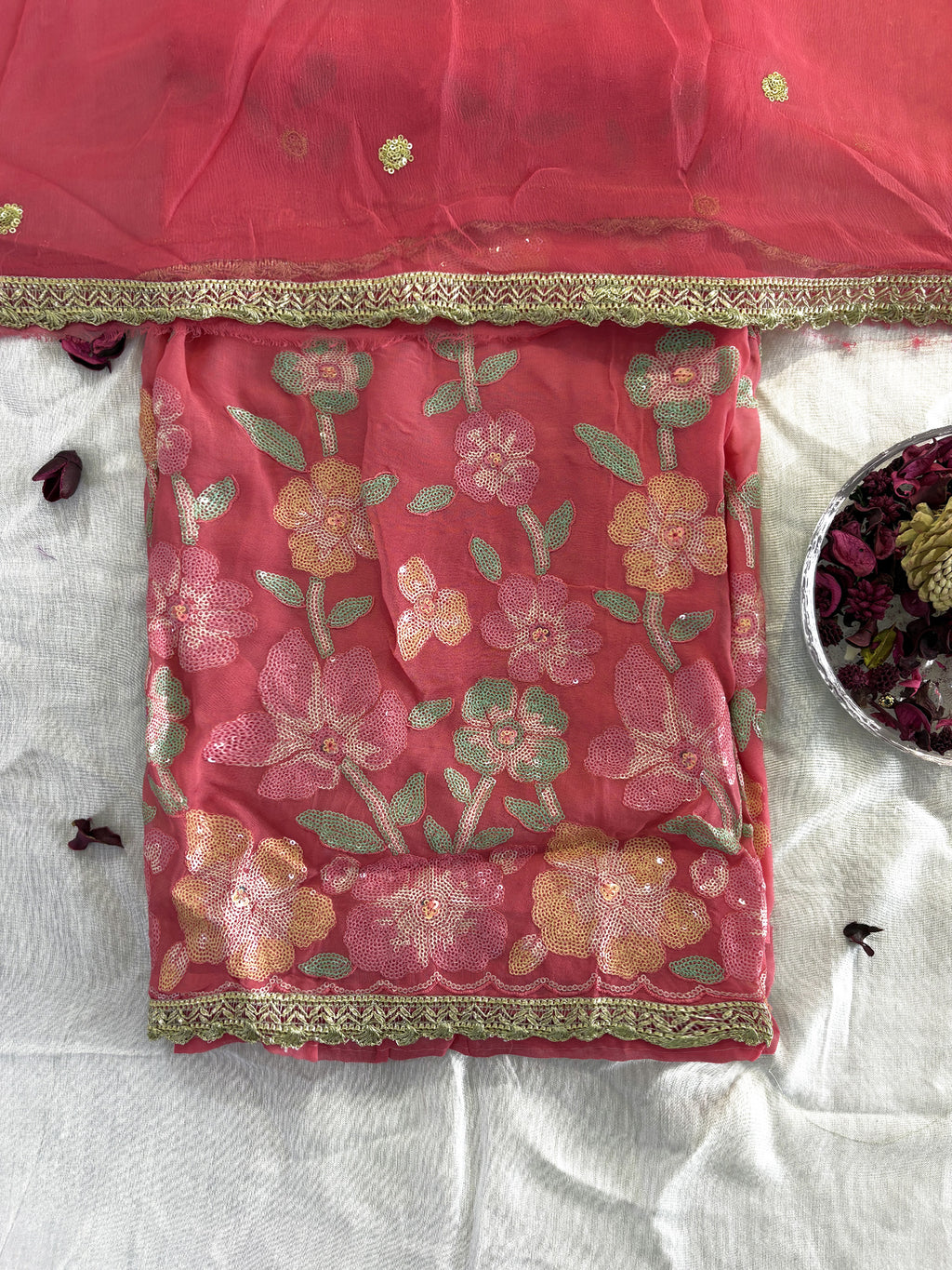 Viscose Organza Peach Color Unstitched Suit Set