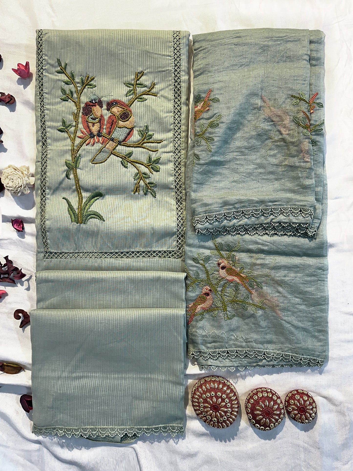 Cotton Fabric Unstitched Suit Set 3 colors(Grey,Green,Onion)