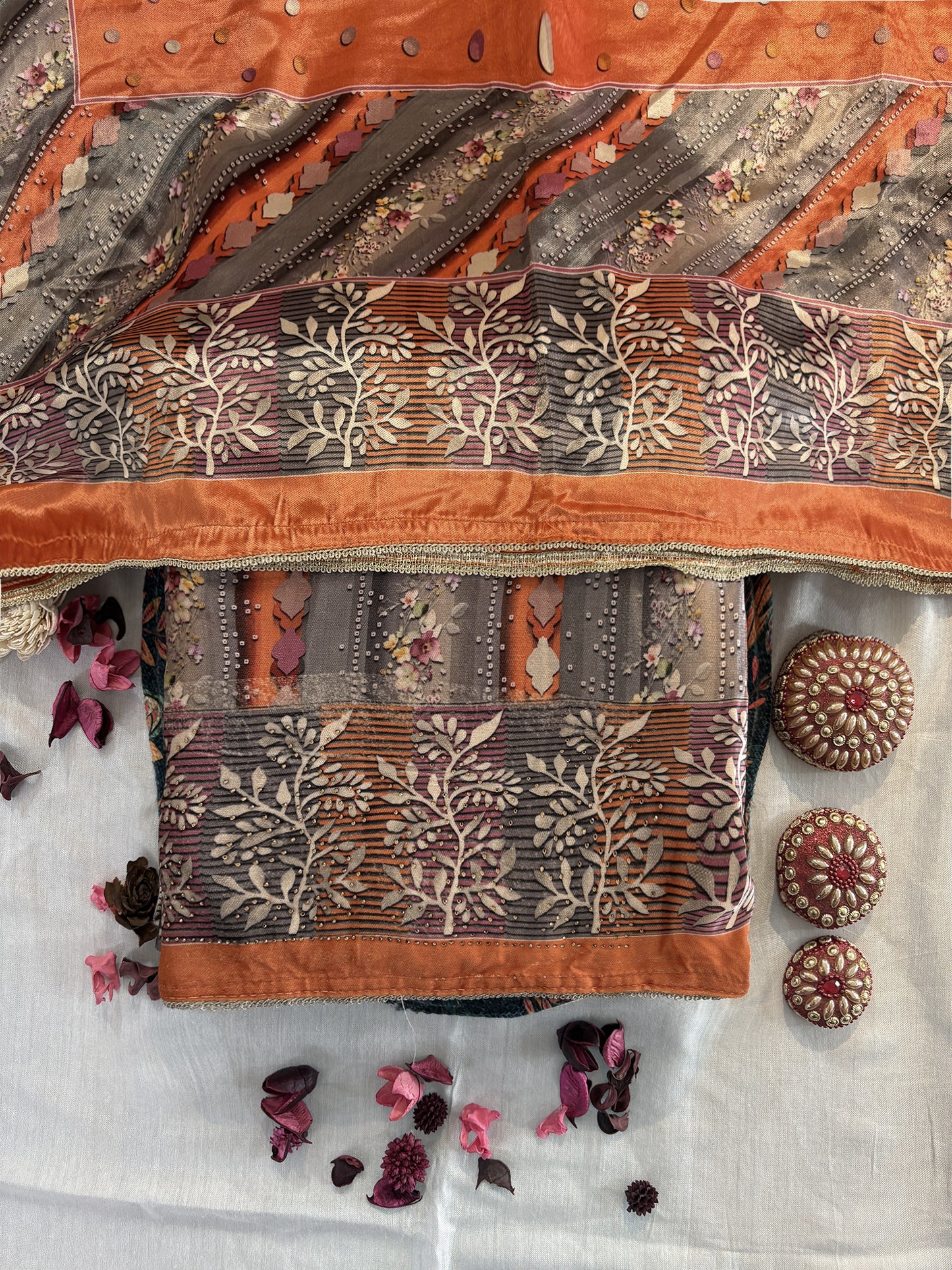 Velvet Fabric Unstitched Suit Set Red & Orange