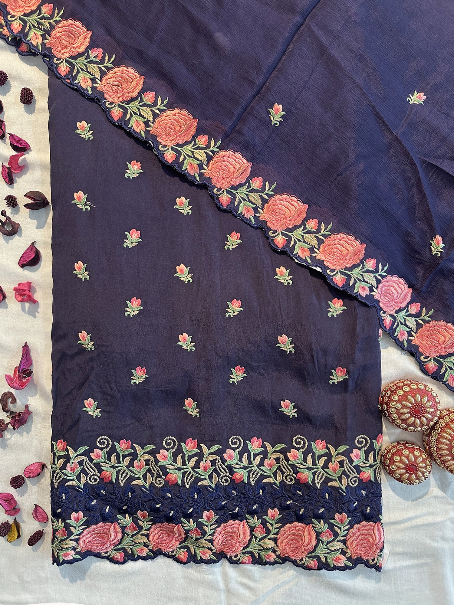 Pure Crepe Fabric Navy Blue Unstitched Suit Set