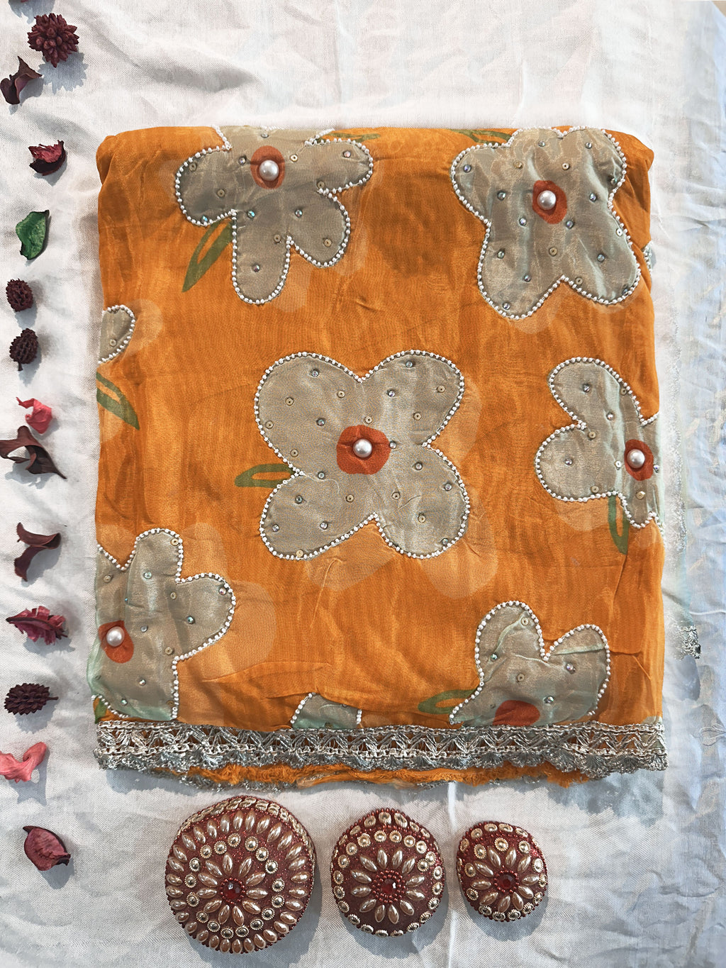 Organza Fabric Mustard and Frozi Colors Unstitched Suit Set