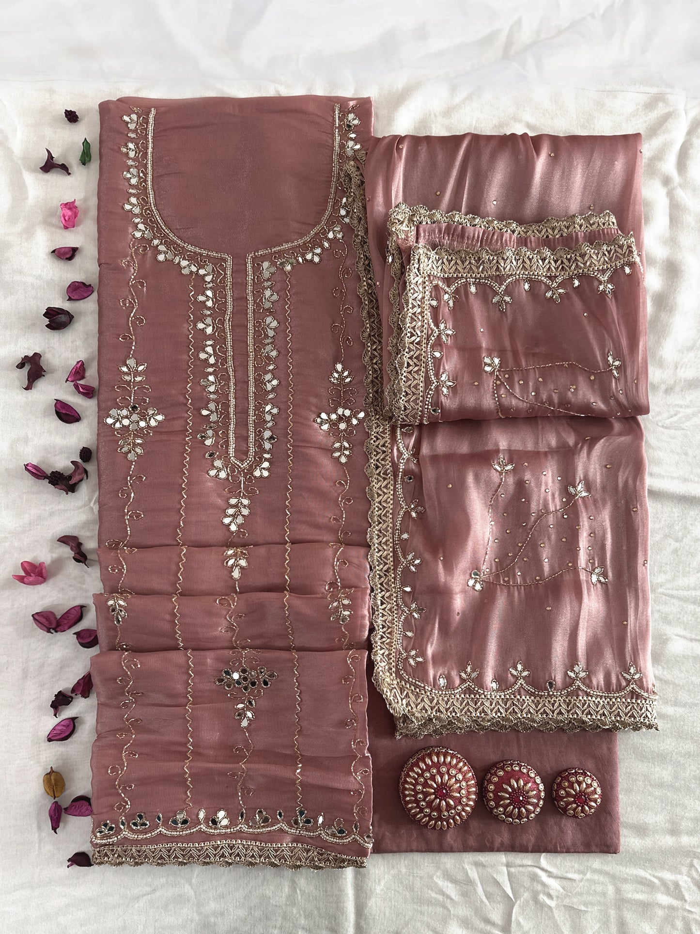 Canadian Silk Fabric Unstitched Suit Set Onion and Ice blue Color