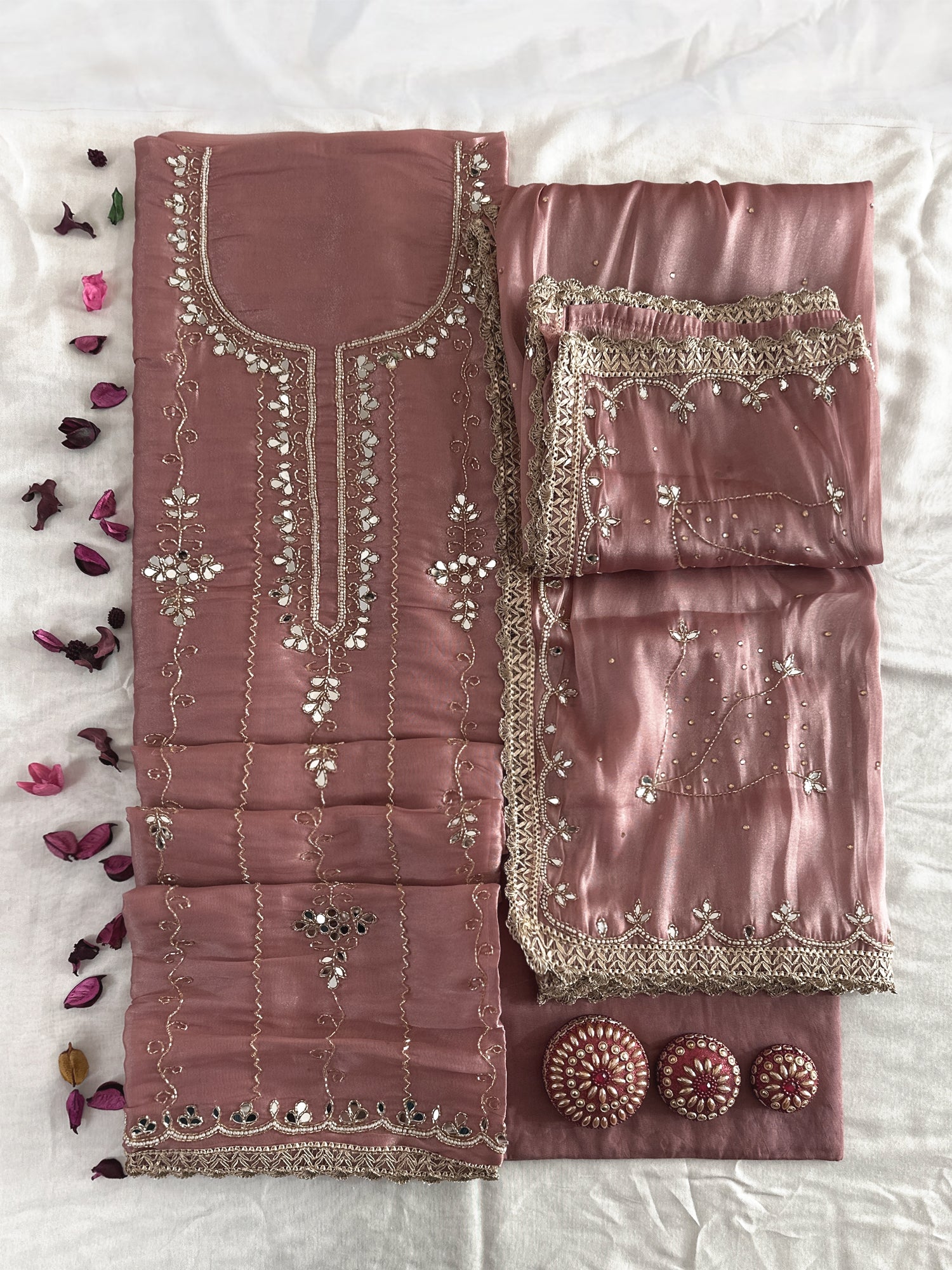 Canadian Silk Fabric Onion and Ice blue Color Unstitched Suit Set