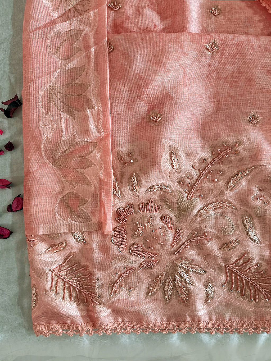 Linen Cotton Unstitched Suit Set Peach and Beige Colors