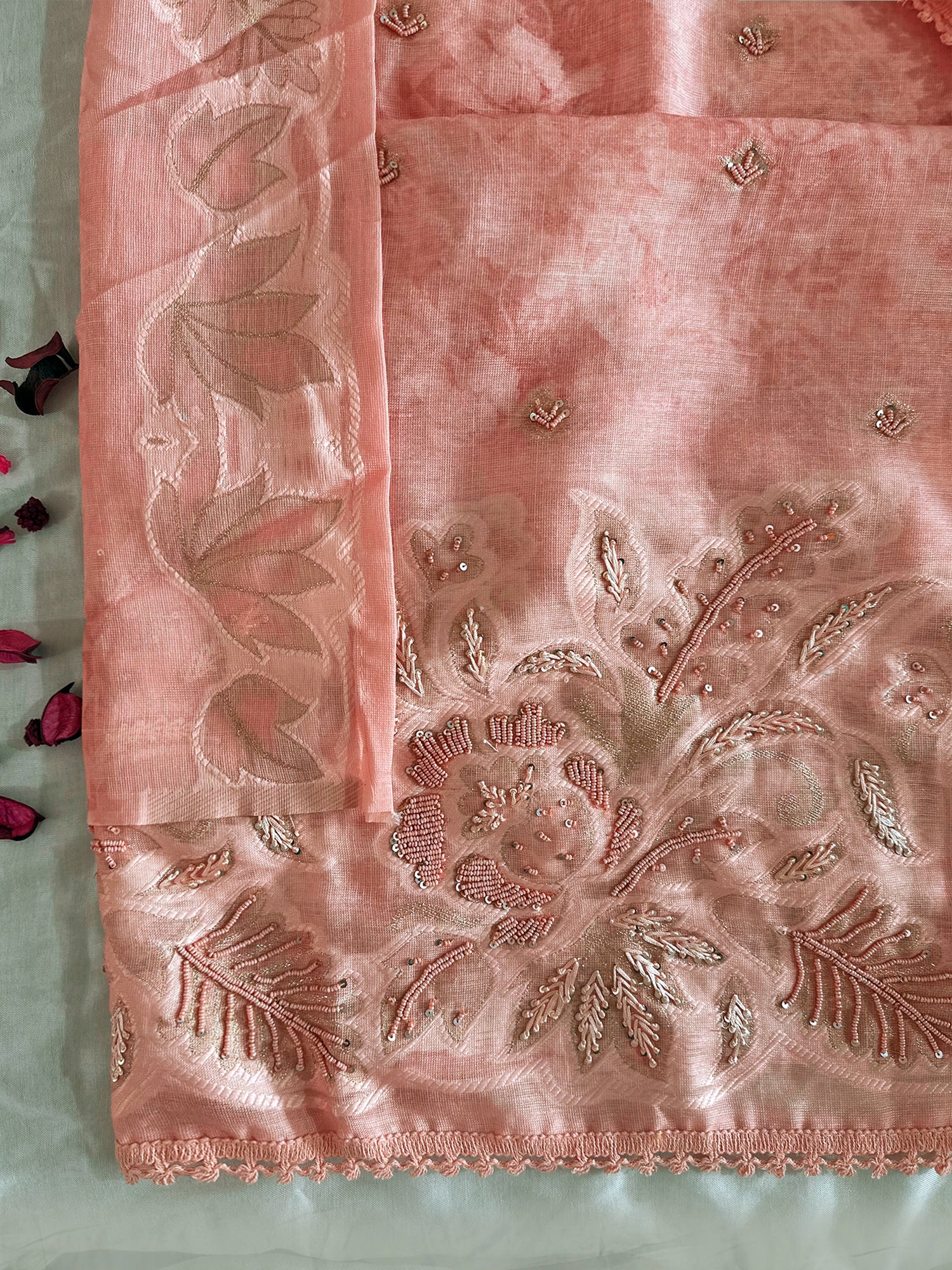 Linen Cotton Unstitched Suit Set Peach and Beige Colors