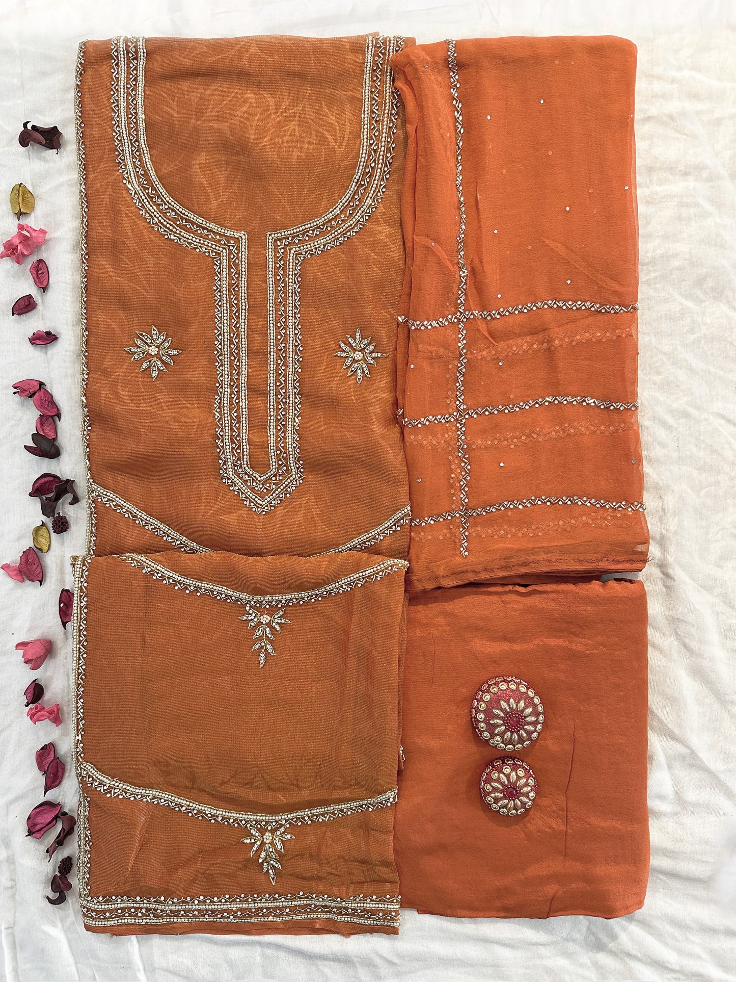 Shimmer Burberry Unstitched Suit Set | Orange, Light Blue, Mehndi Gold