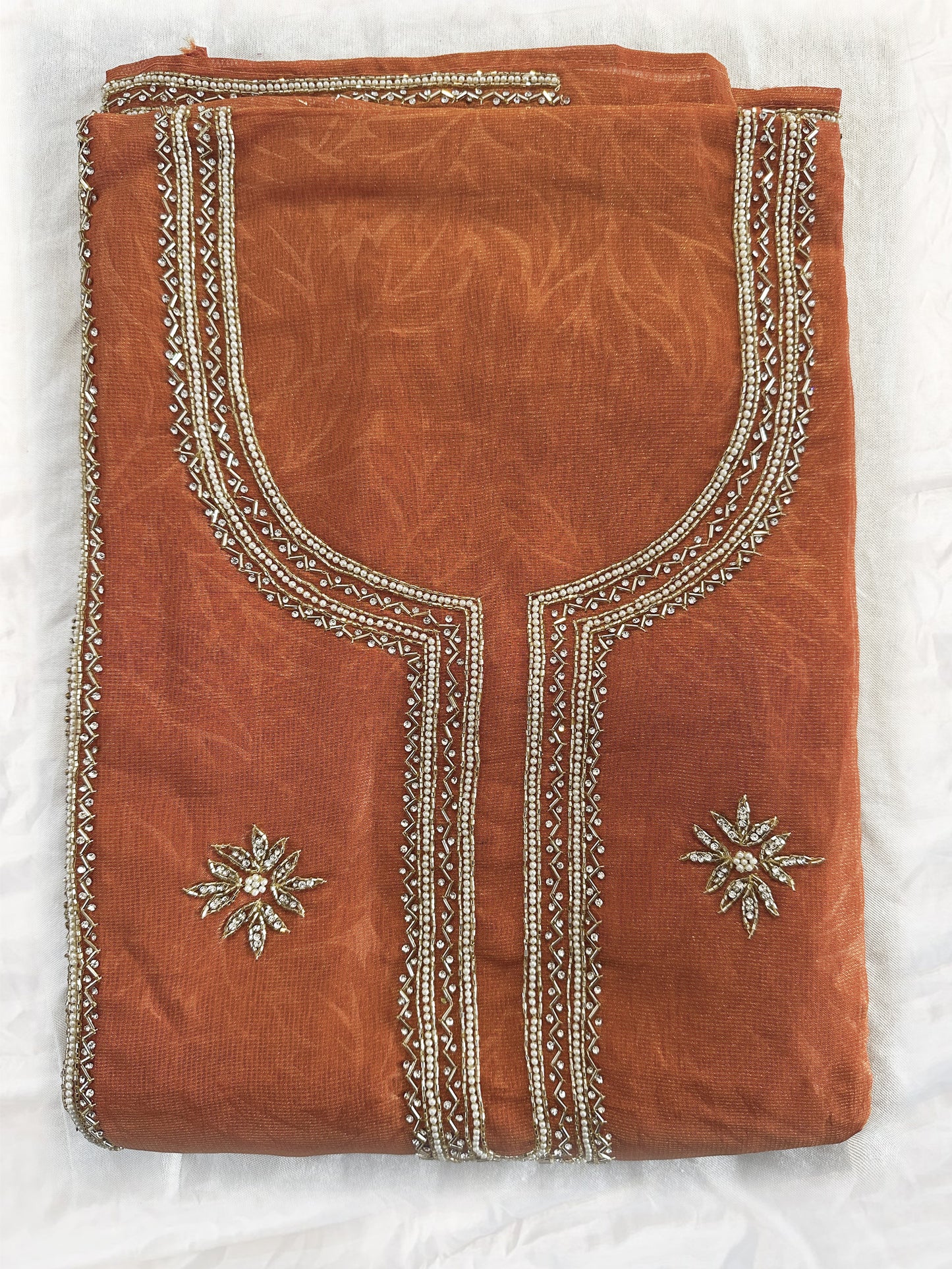 Shimmer Burberry Unstitched Suit Set | Orange, Light Blue, Mehndi Gold