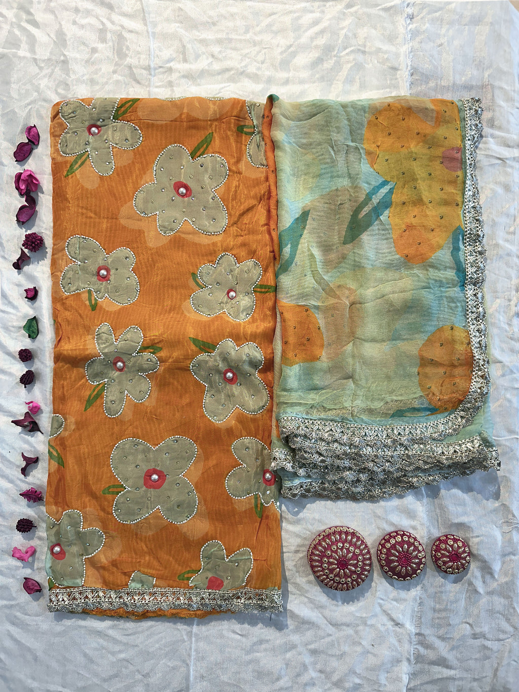 Organza Fabric Mustard and Frozi Colors Unstitched Suit Set