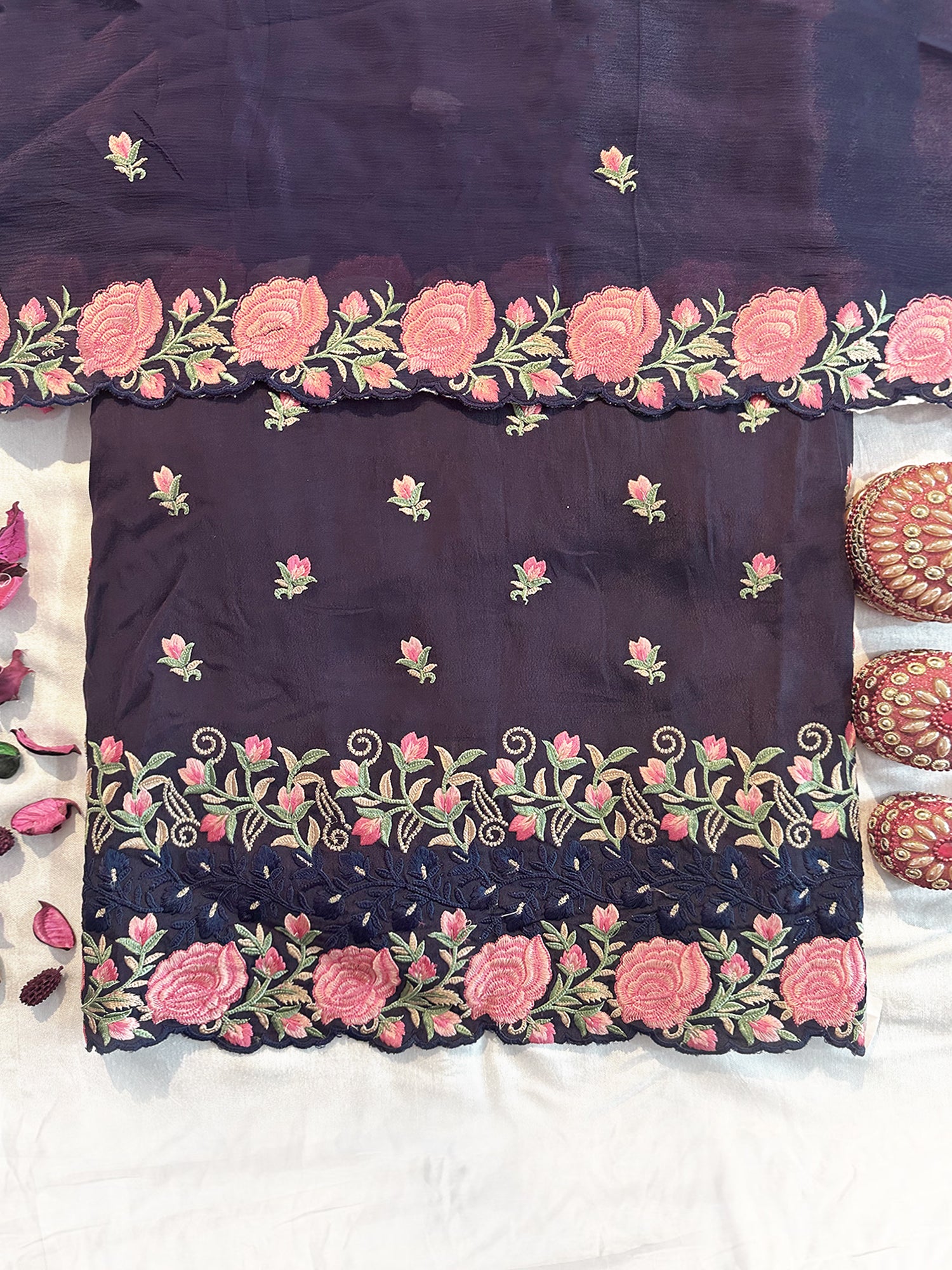 Pure Crepe Fabric Navy Blue Unstitched Suit Set