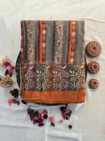 Velvet Fabric Unstitched Suit Set Red & Orange