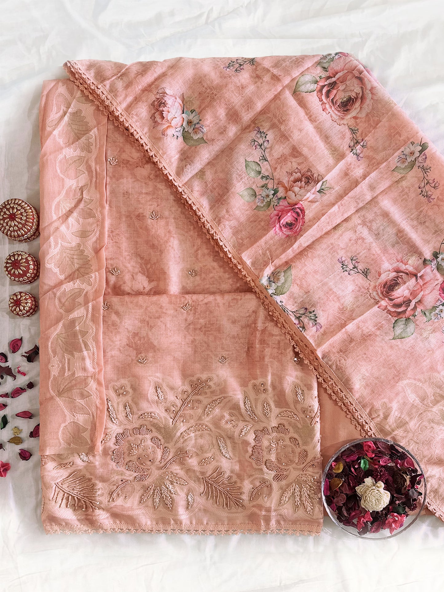 Linen Cotton Unstitched Suit Set Peach and Beige Colors