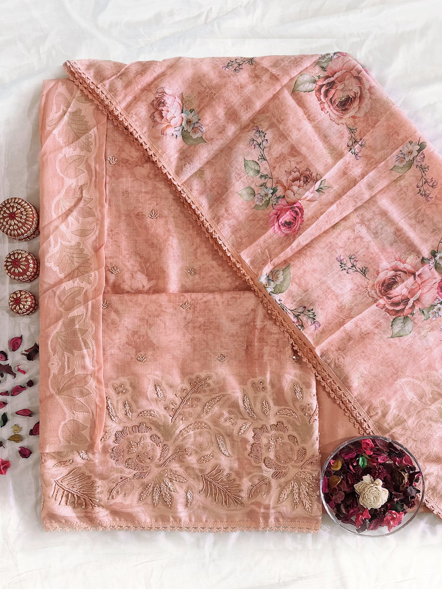 Linen Cotton Unstitched Suit Set Peach and Beige Colors
