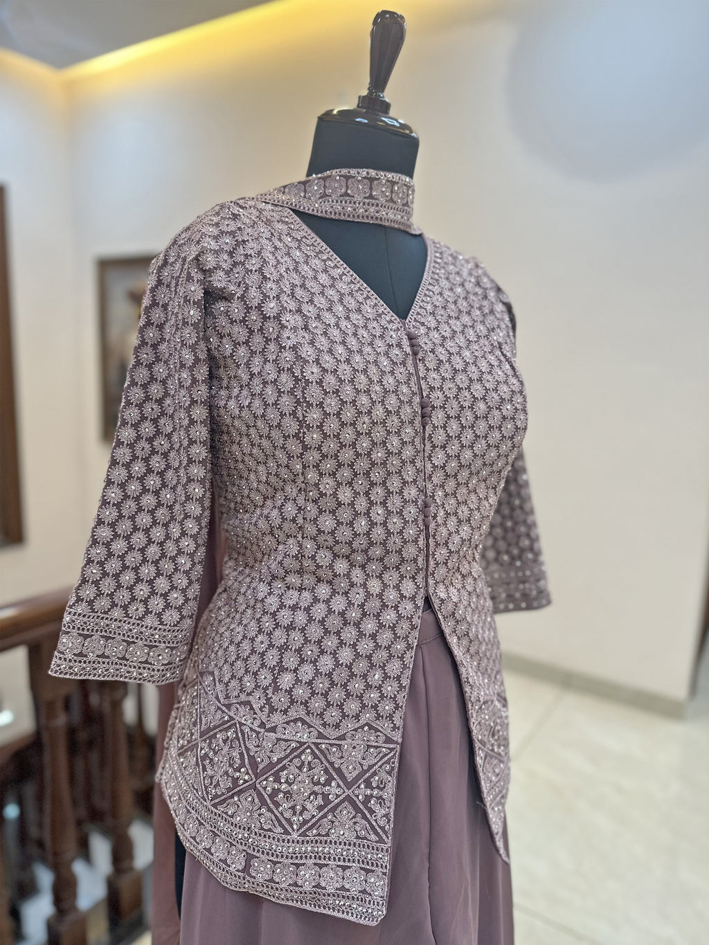 Georgette Fabric Readymade Top with Palazzo Set Mauve color
