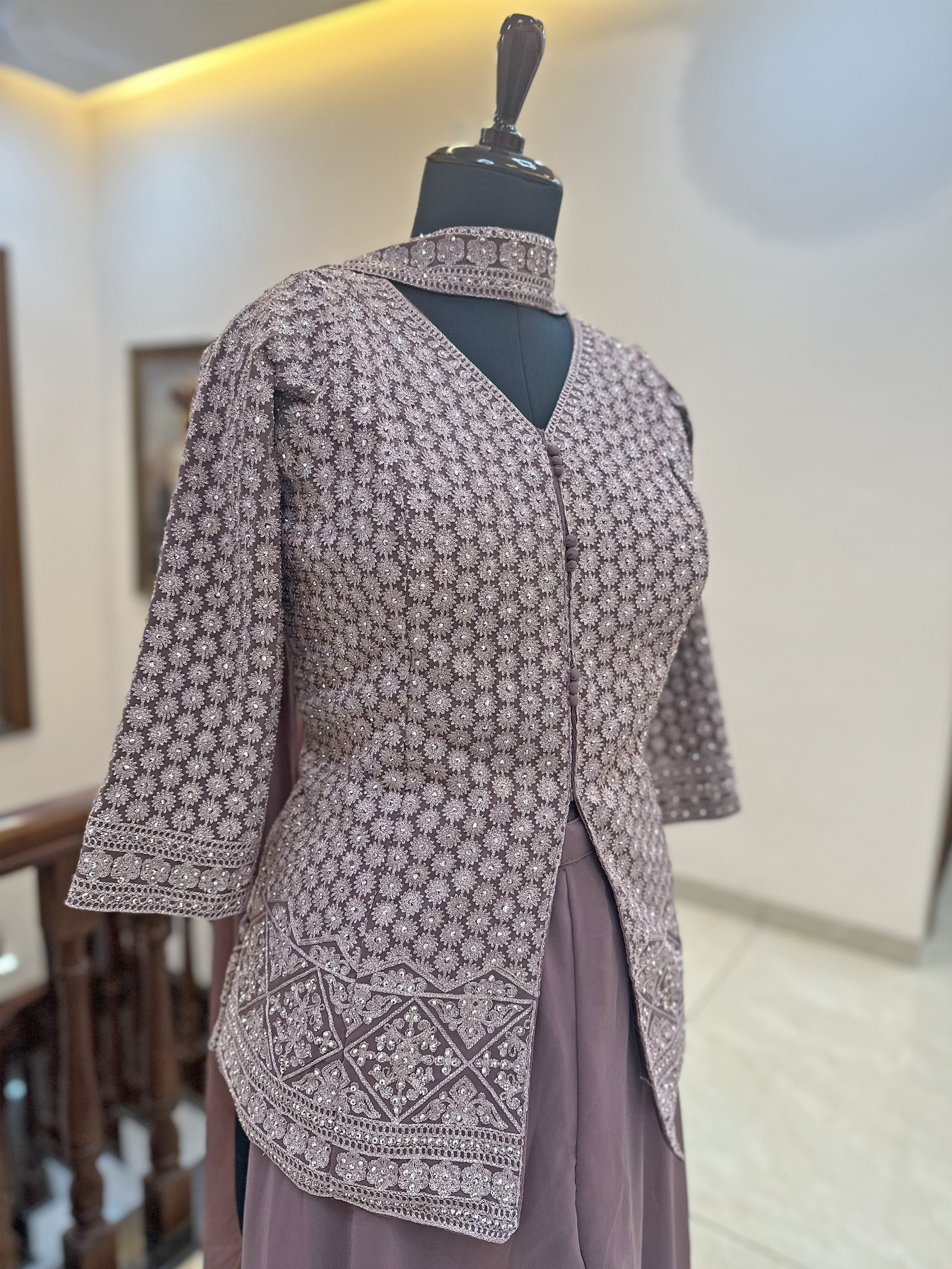 Georgette Fabric Readymade Top with Palazzo Set Mauve color