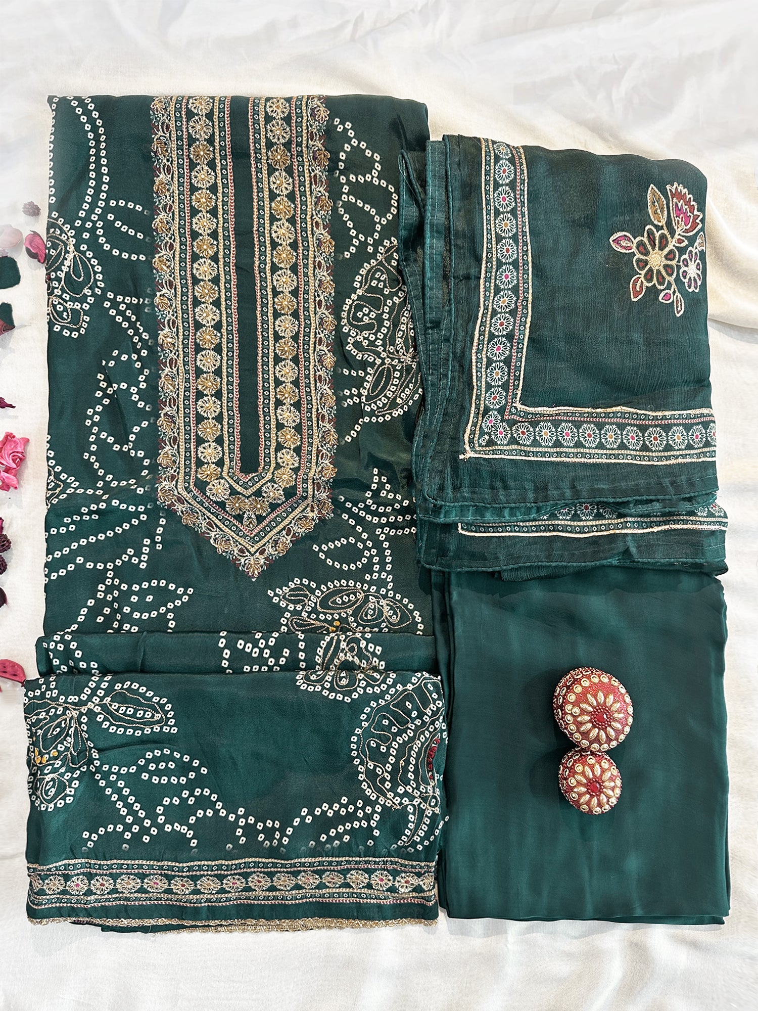 Butter Crepe Fabric Unstitched Suit Set Green Color