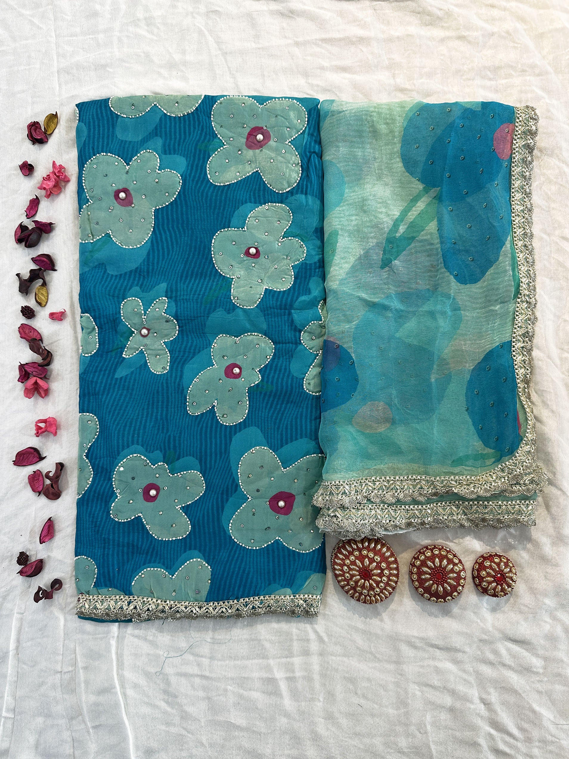 Organza Fabric Mustard and Frozi Colors Unstitched Suit Set