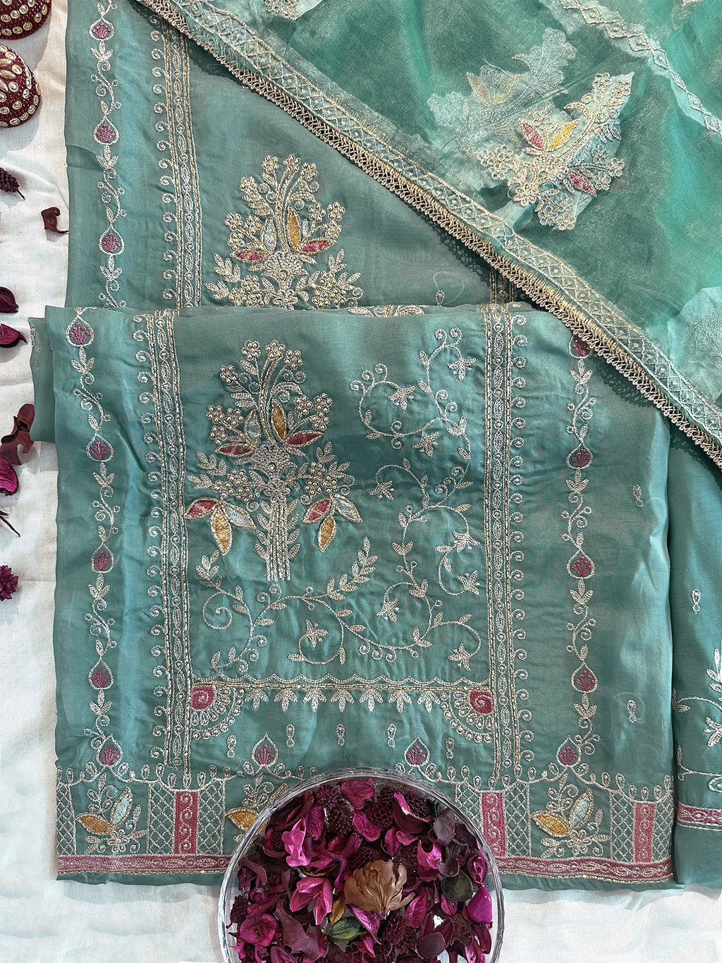 Organza Fabric Turquoise Color Unstitched Suit Set