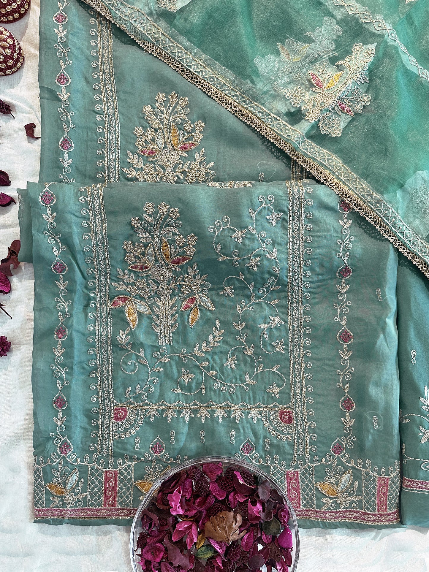 Organza Fabric Turquoise Color Unstitched Suit Set