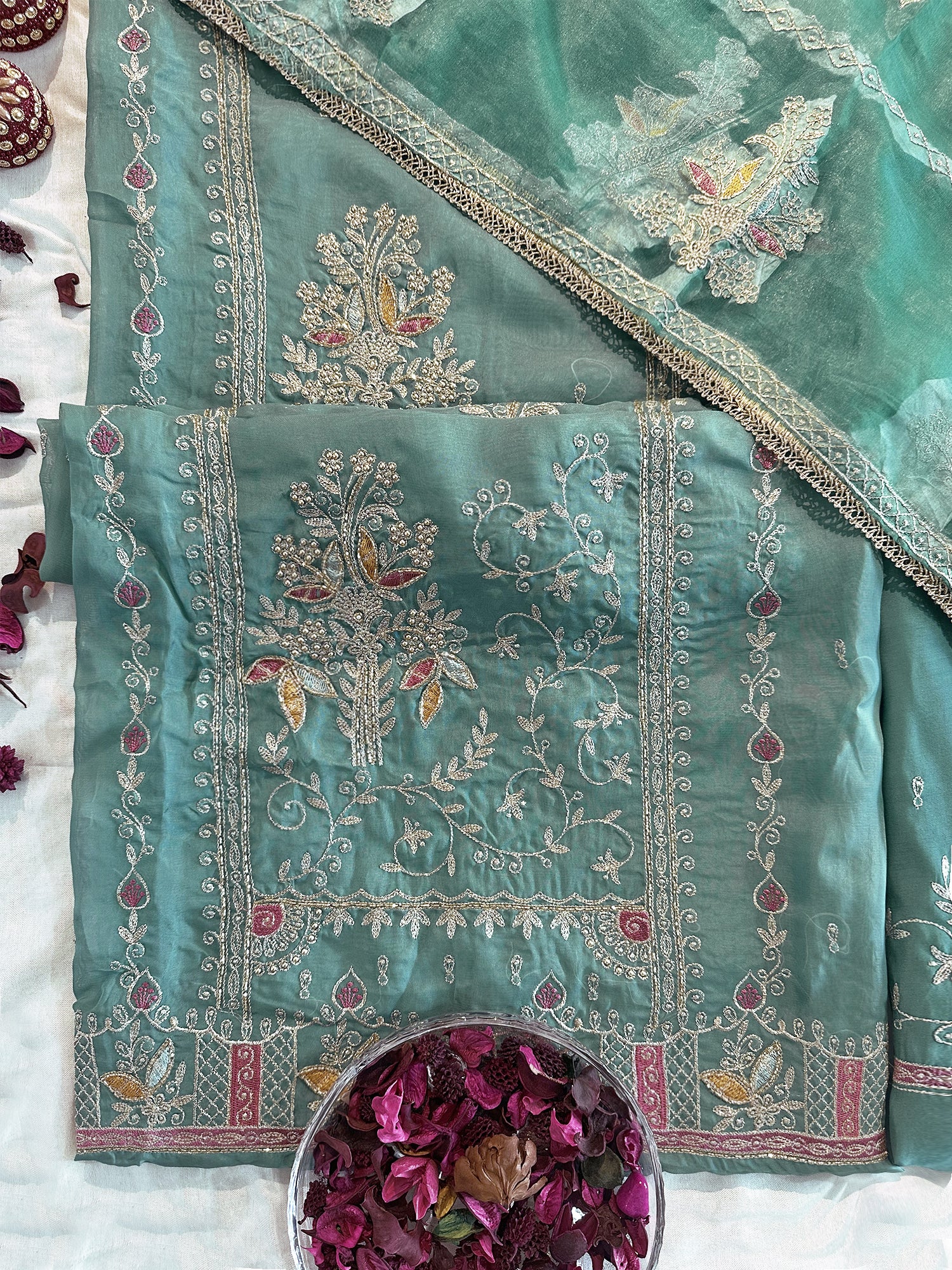Organza Fabric Turquoise Color Unstitched Suit Set