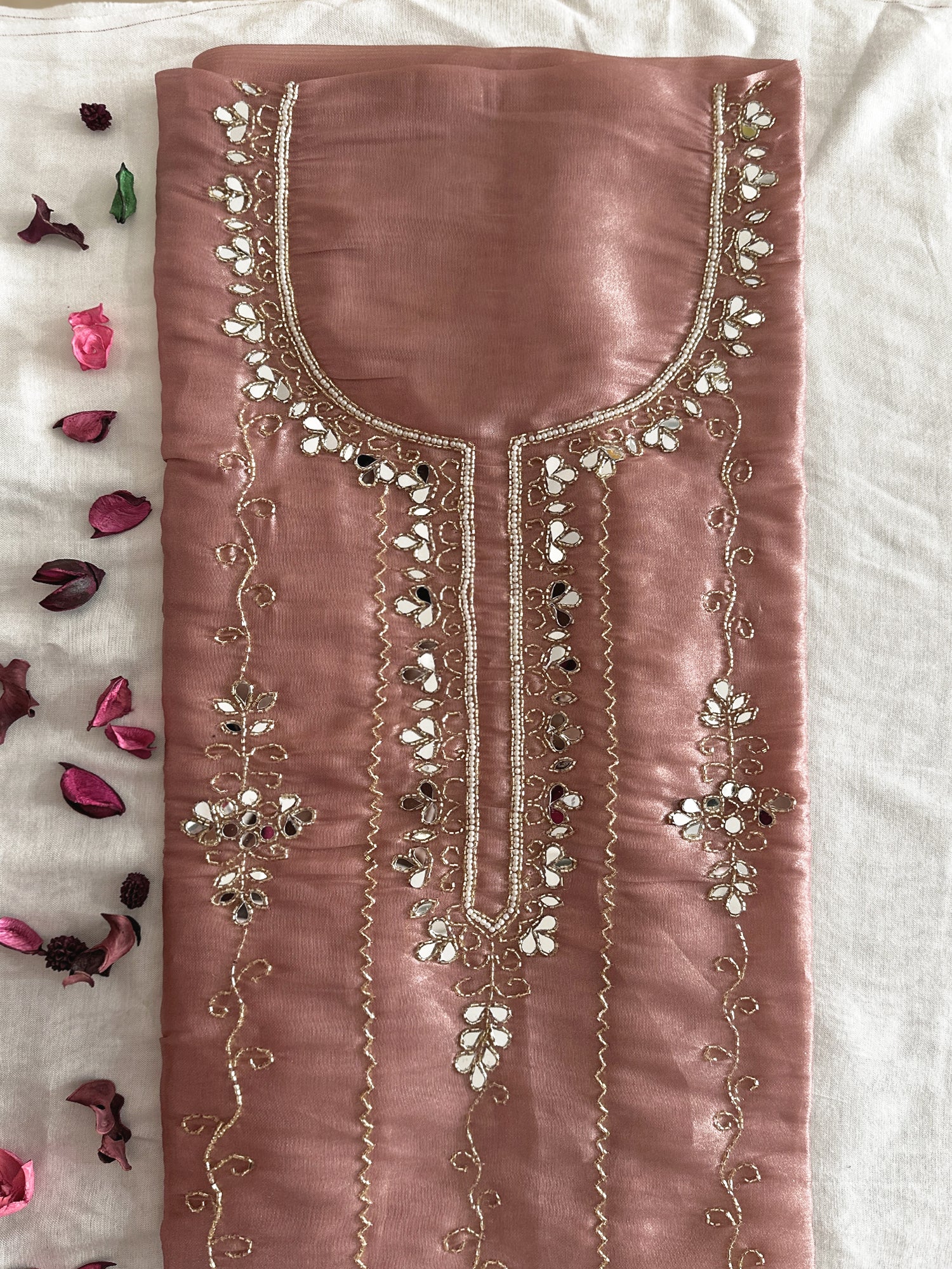 Canadian Silk Fabric Onion and Ice blue Color Unstitched Suit Set